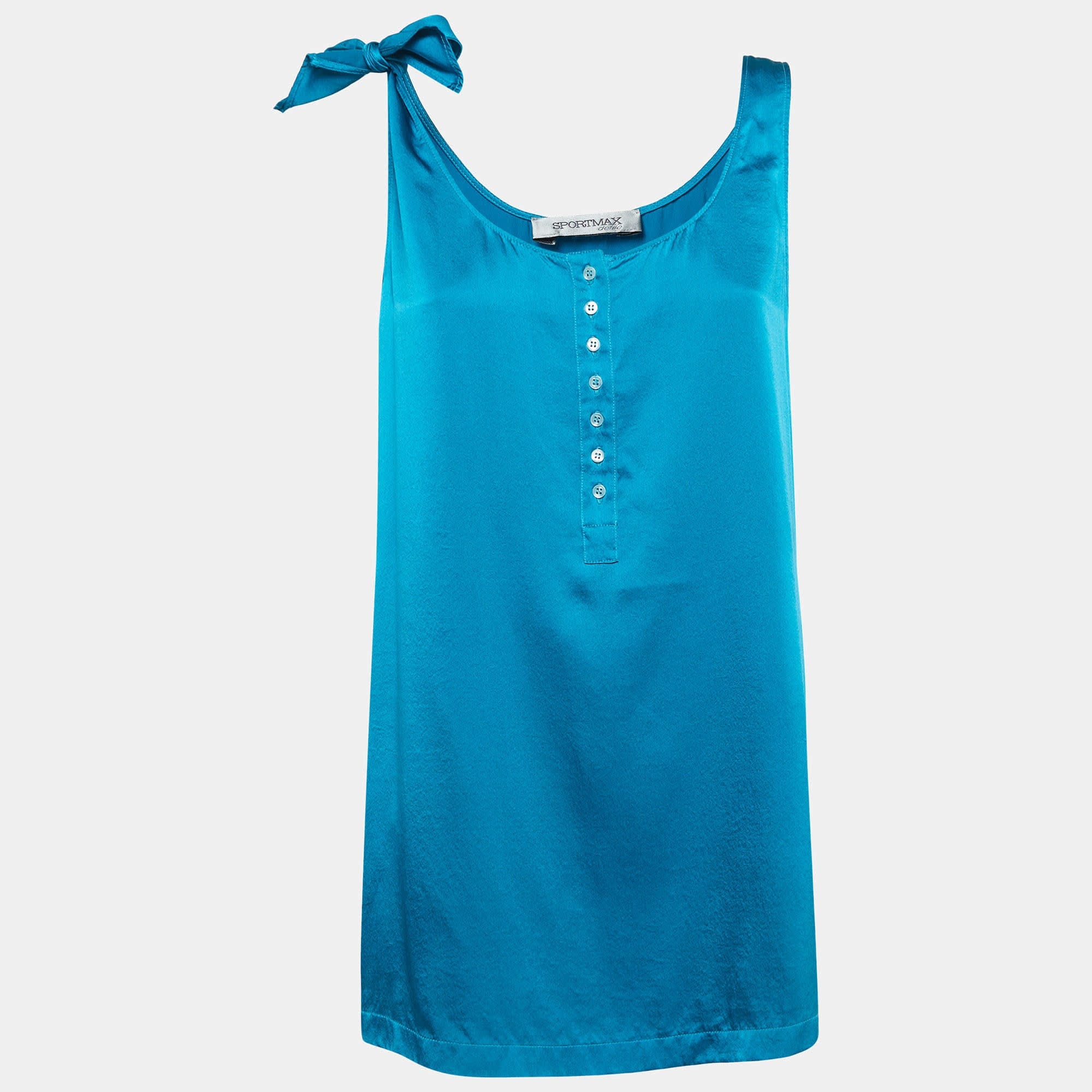 Blue Satin Silk Tie - Up Sleeve Buttoned Top