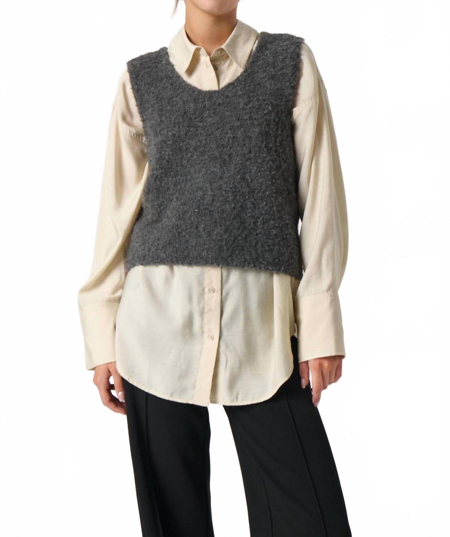Knit Venessa V - Neck Fluffy Knit Waistcoat In Grey Melange