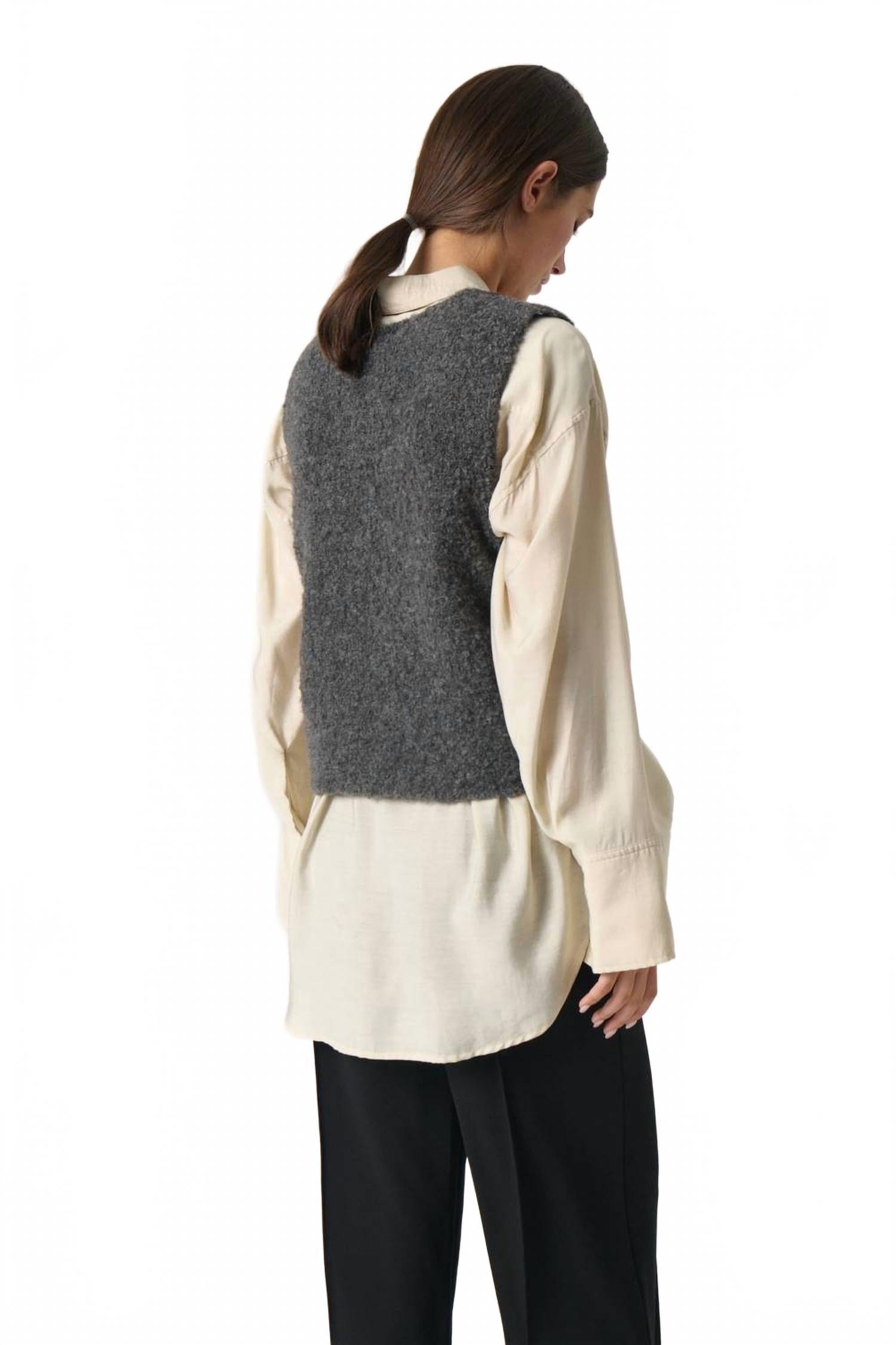 Knit Venessa V - Neck Fluffy Knit Waistcoat In Grey Melange