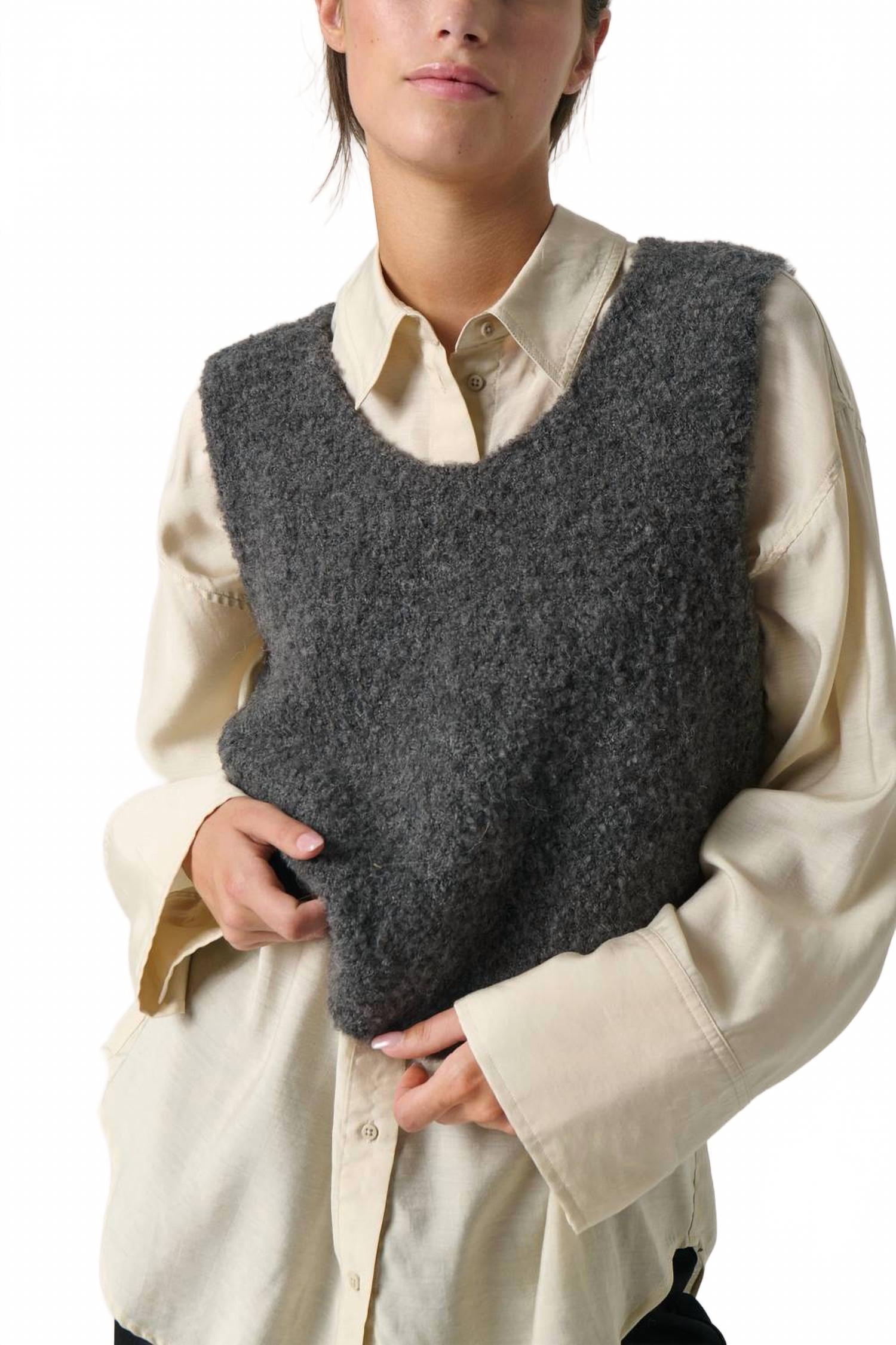 Knit Venessa V - Neck Fluffy Knit Waistcoat In Grey Melange