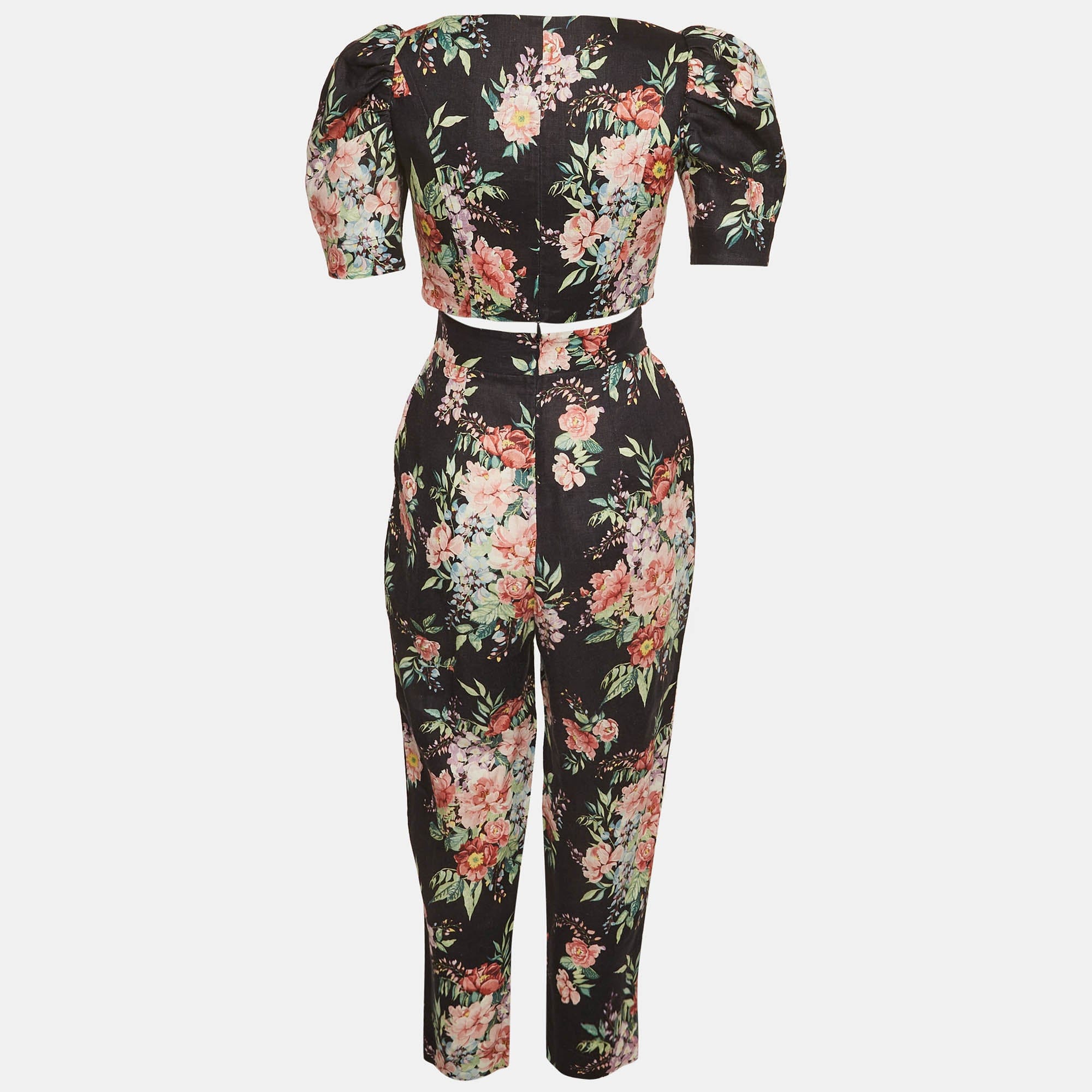 Zimmermann Black Floral Print Linen Top And Pants Set