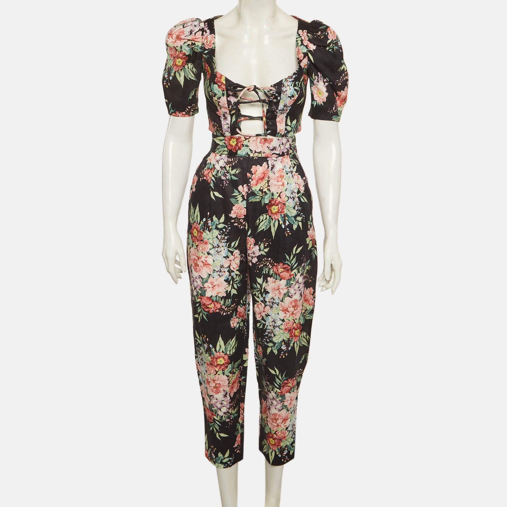Zimmermann Black Floral Print Linen Top And Pants Set