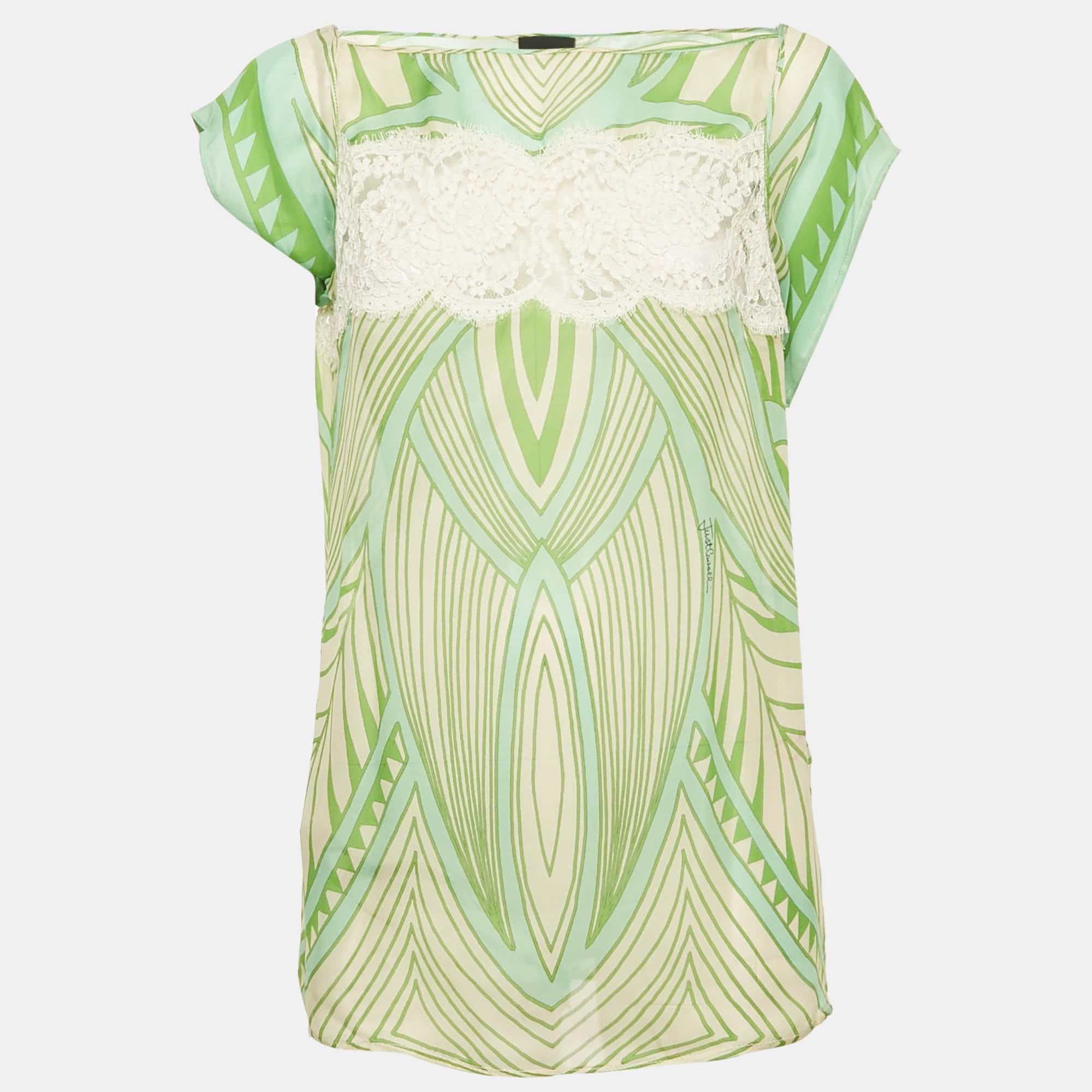 SILK Green Printed Lace Trim Silk Top