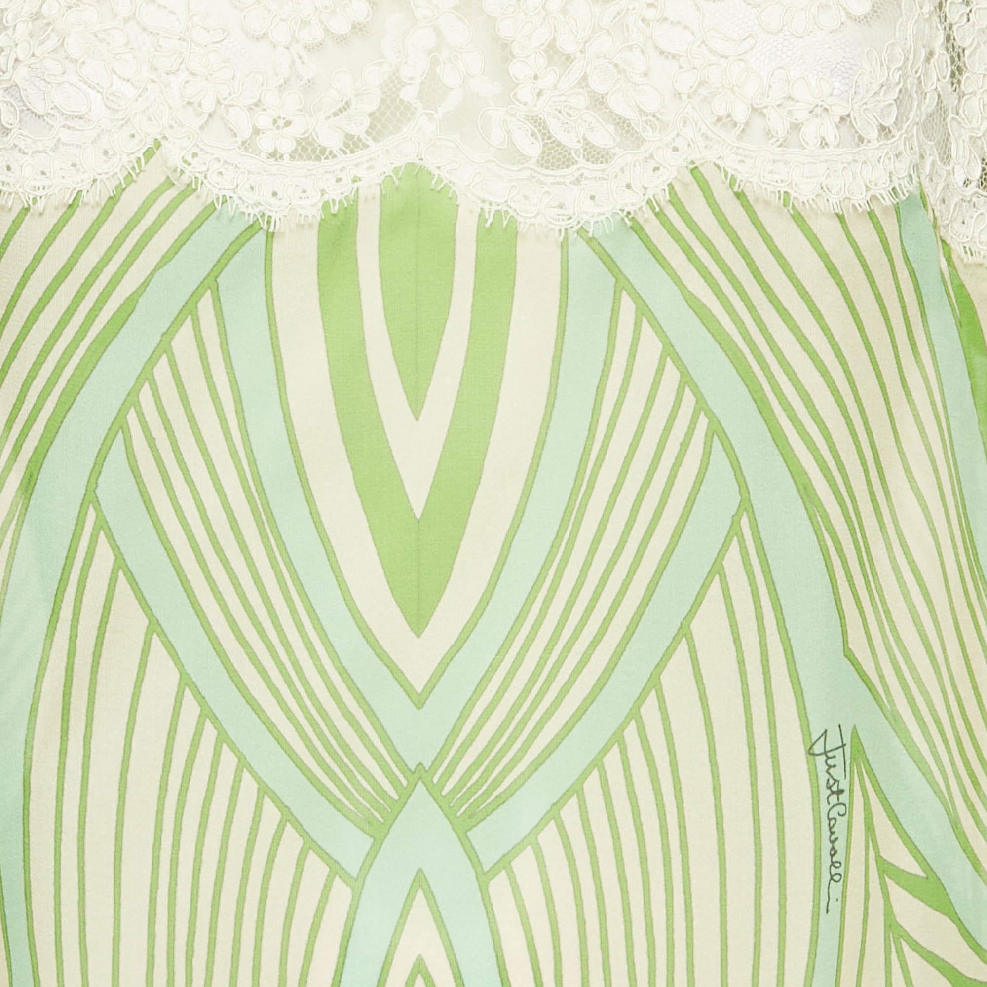 SILK Green Printed Lace Trim Silk Top