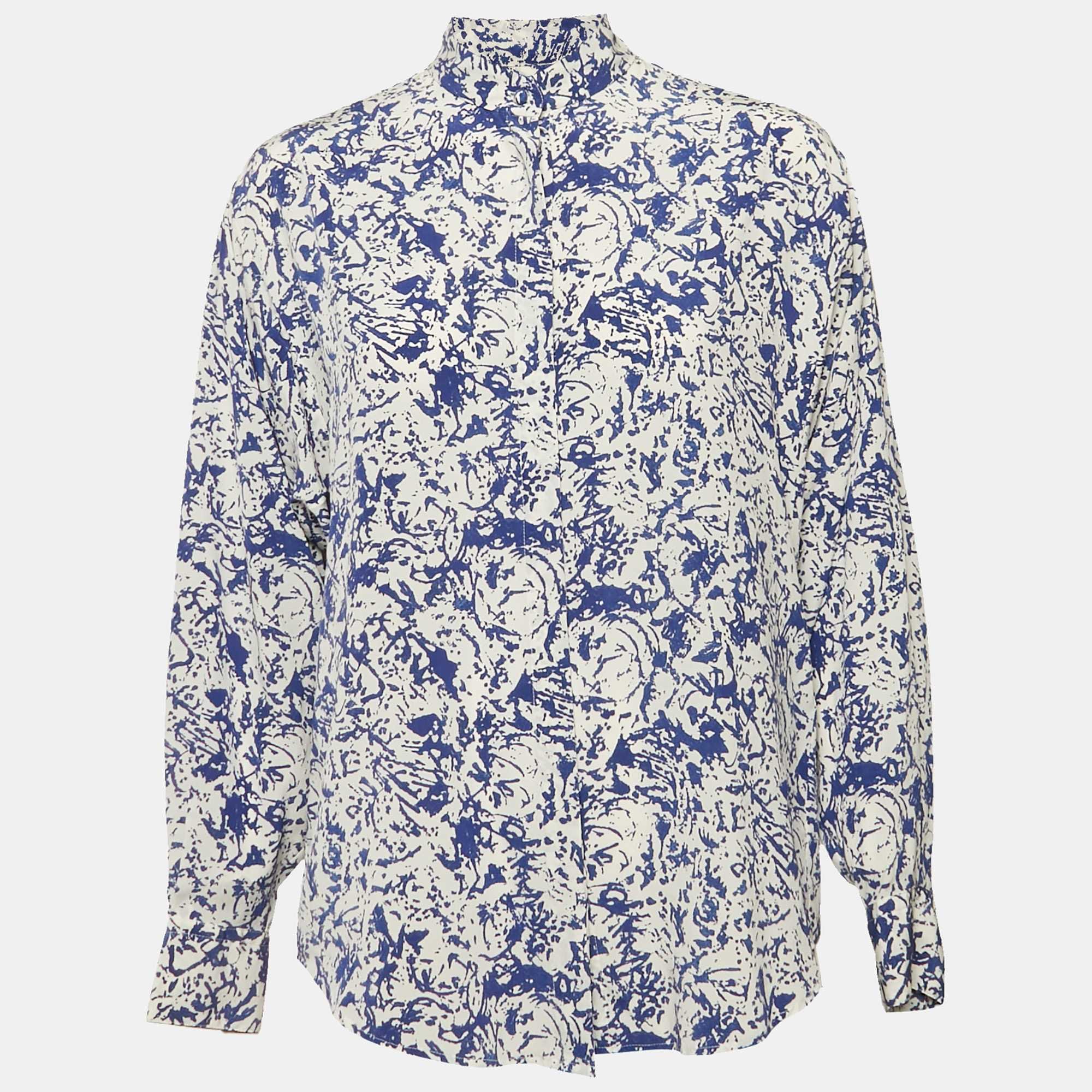 White/blue Printed Silk Button Front Cade Top