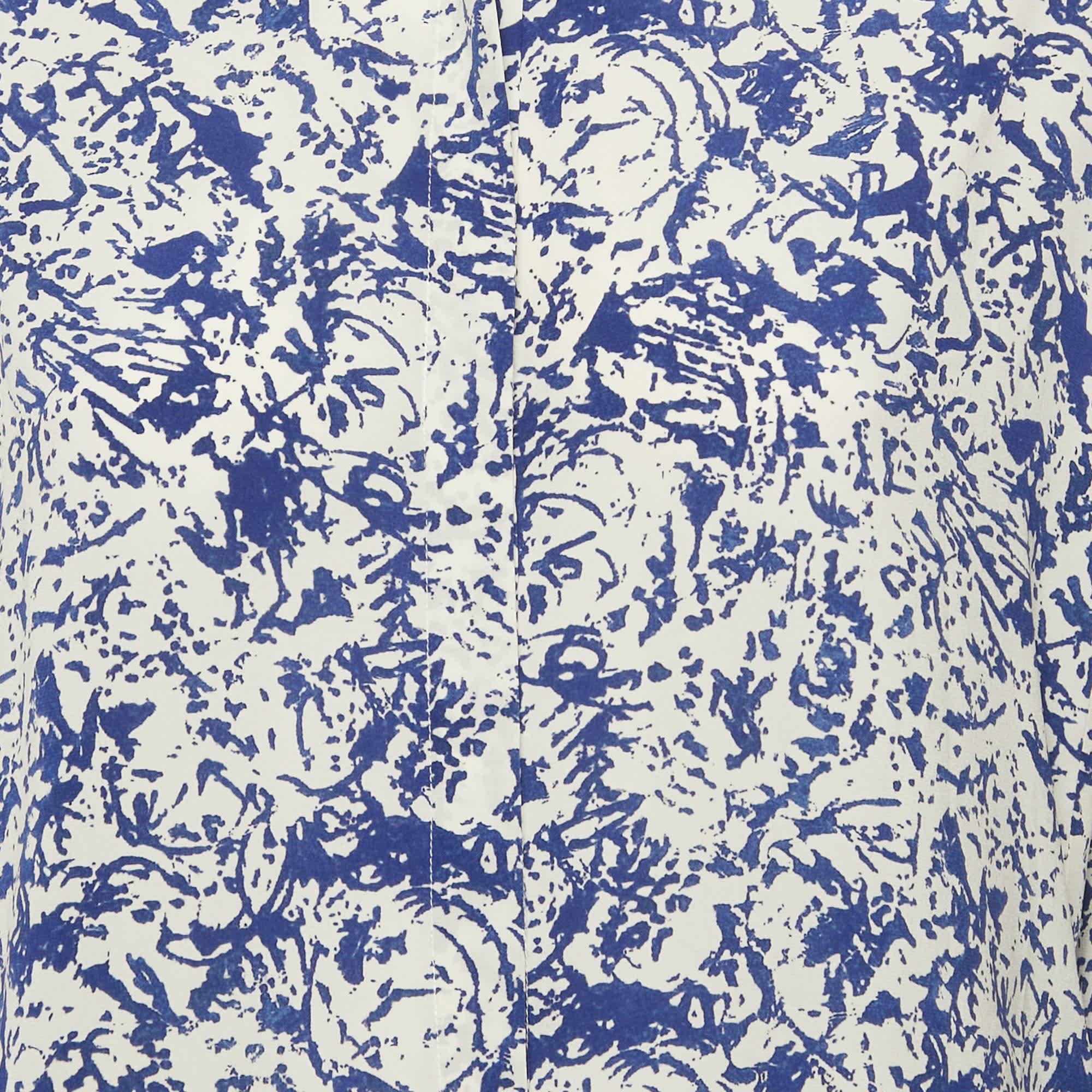 White/blue Printed Silk Button Front Cade Top