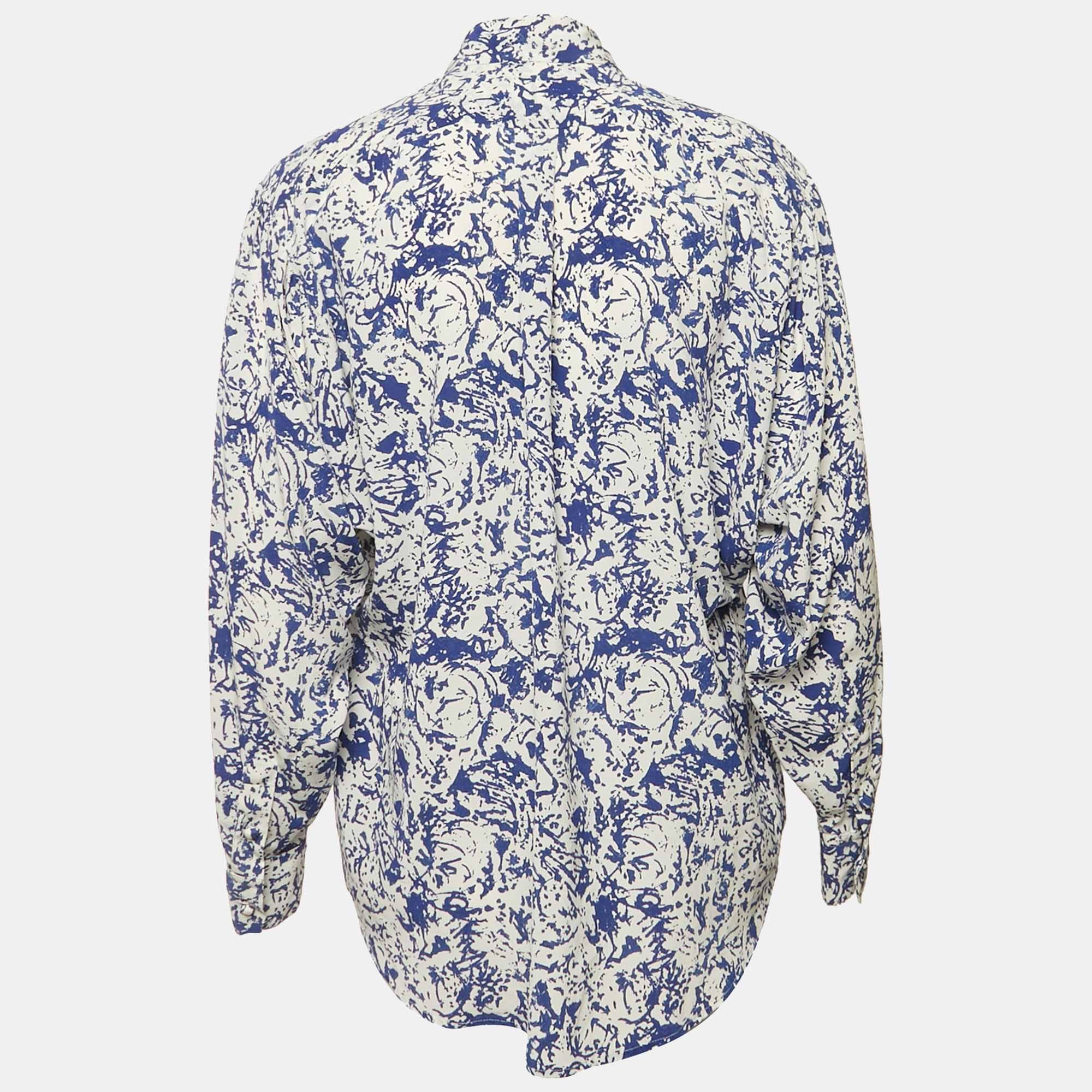 White/blue Printed Silk Button Front Cade Top
