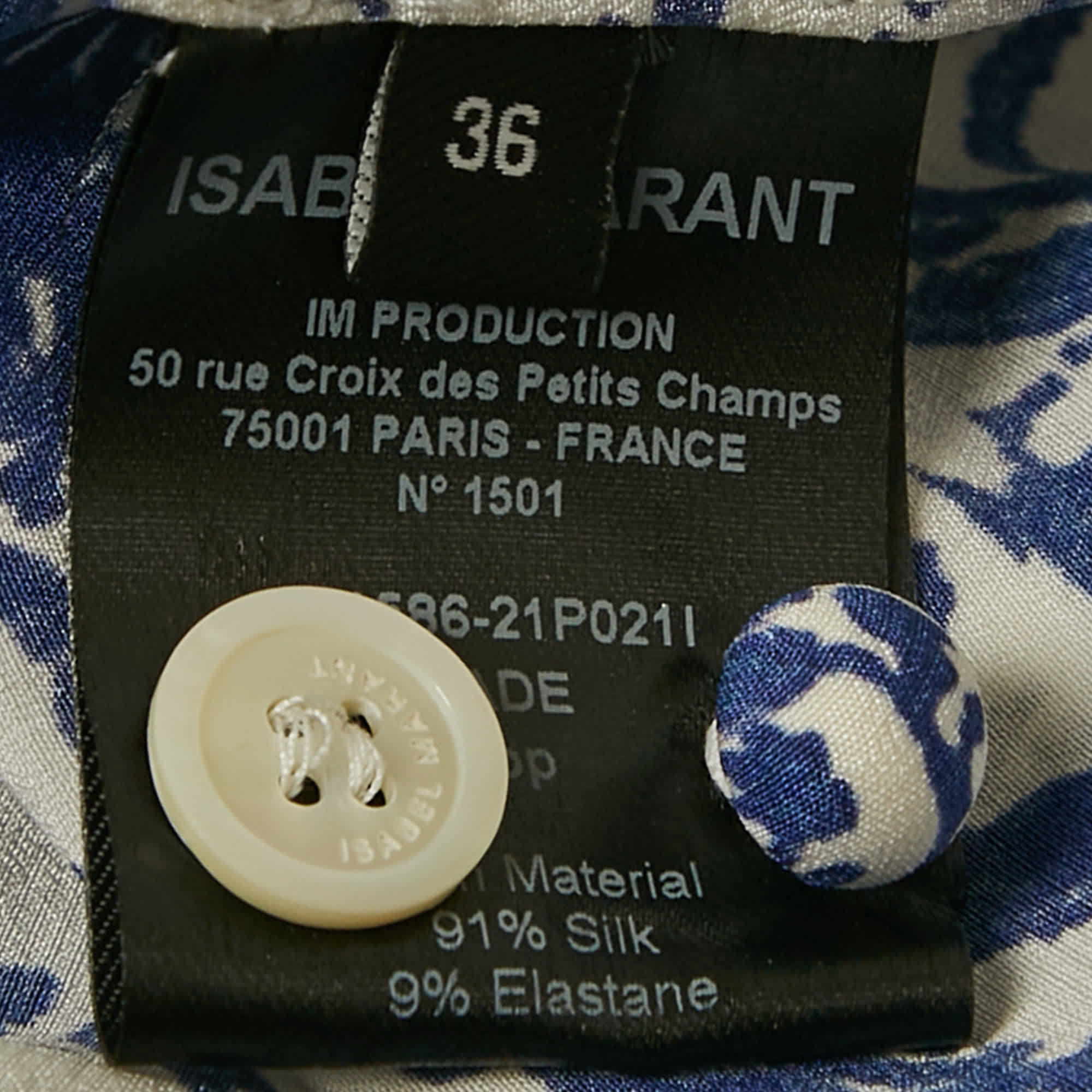 White/blue Printed Silk Button Front Cade Top