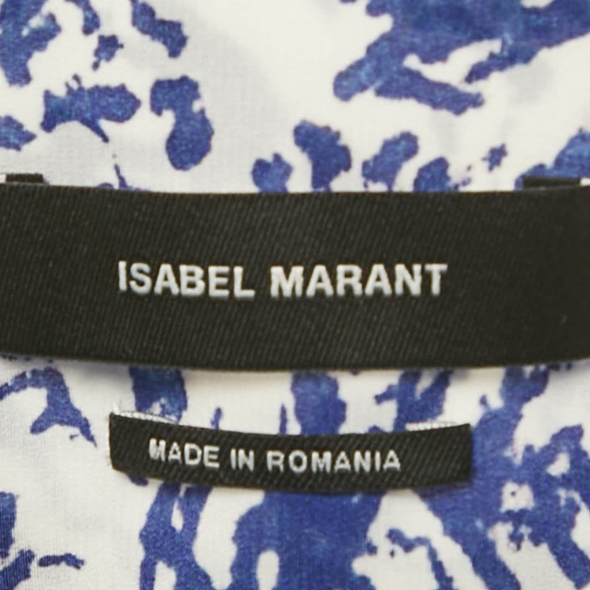 White/blue Printed Silk Button Front Cade Top