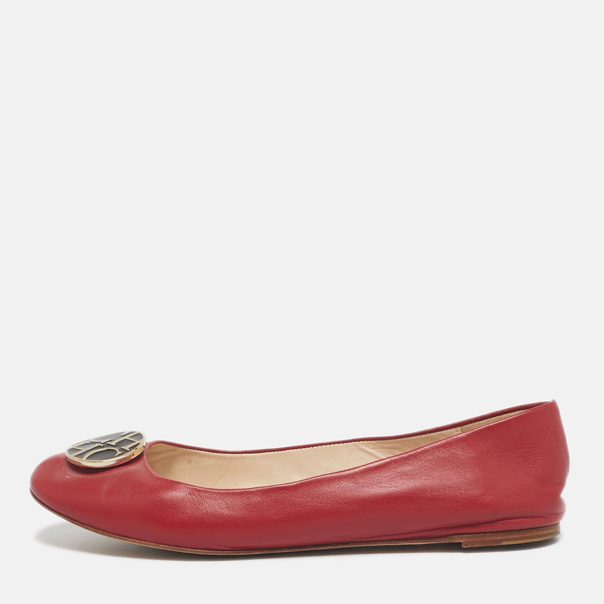Ch Carolina Herrera Red Leather Logo Ballet Flats