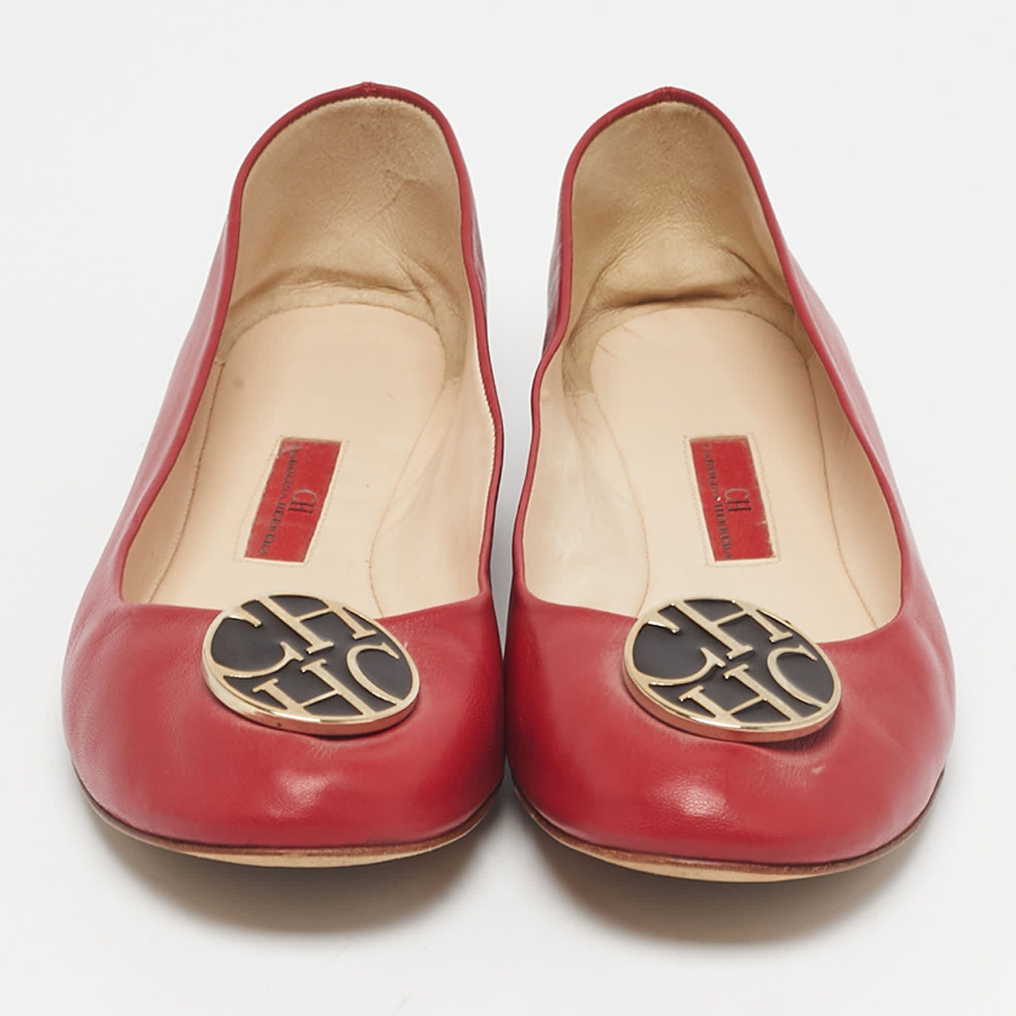 Ch Carolina Herrera Red Leather Logo Ballet Flats