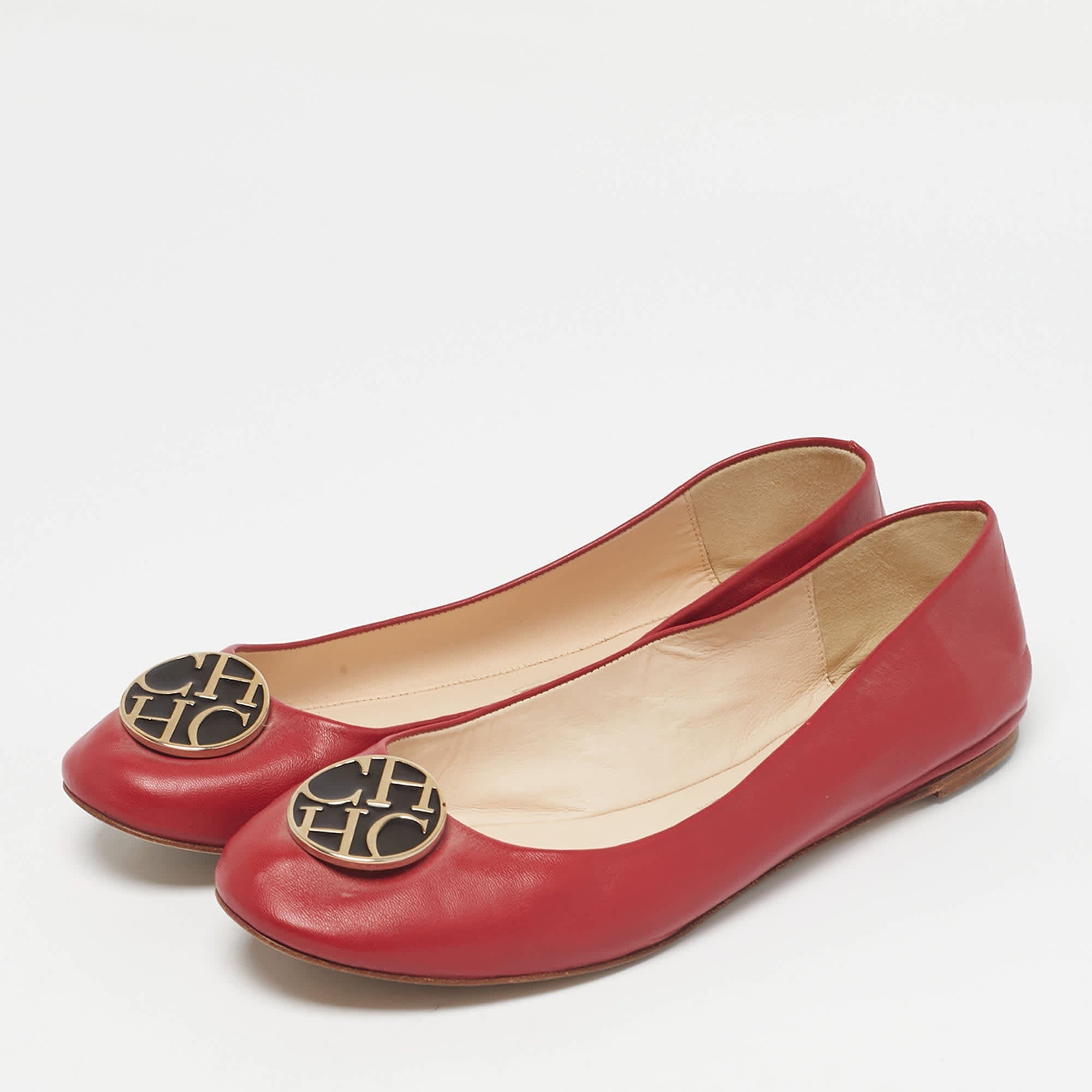 Ch Carolina Herrera Red Leather Logo Ballet Flats