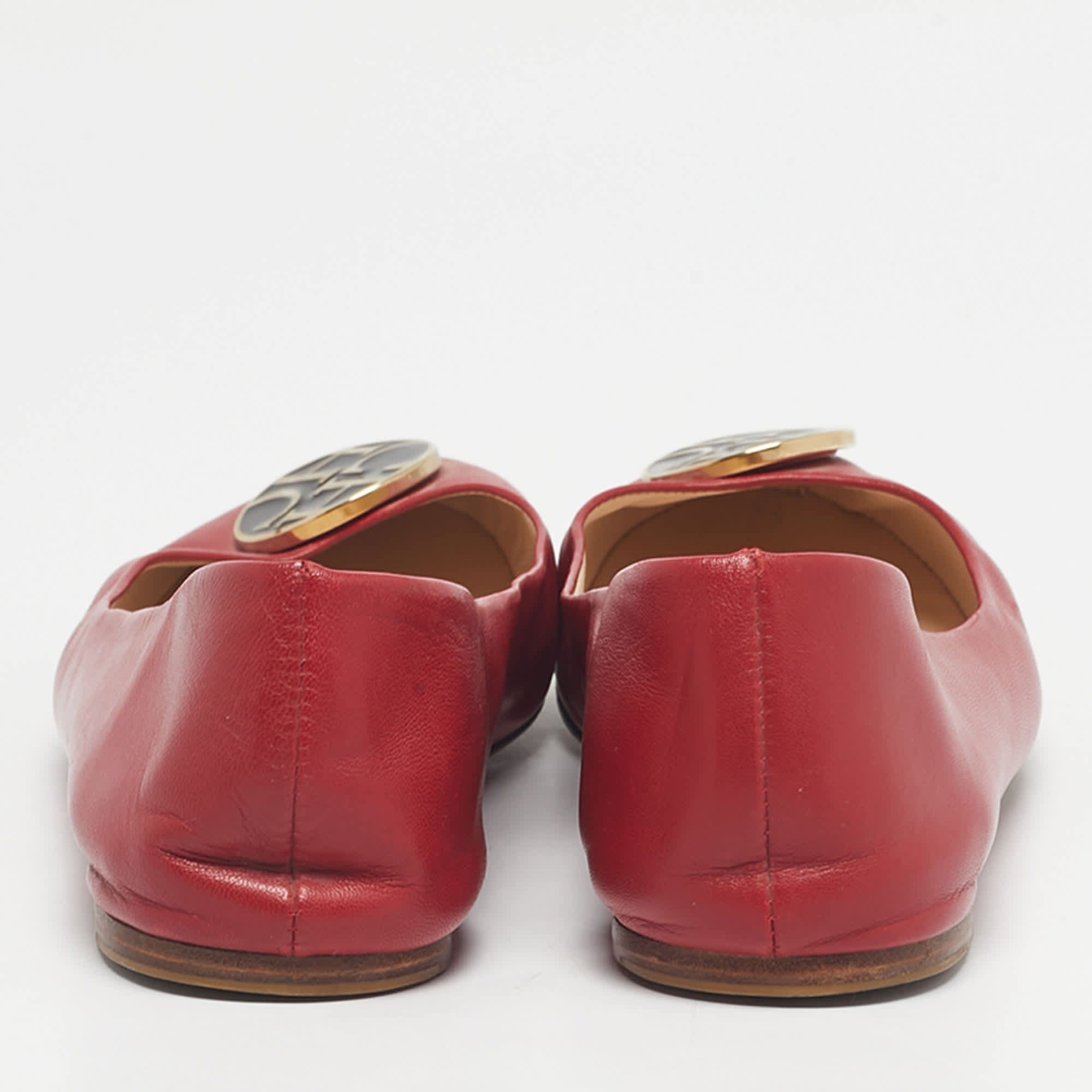 Ch Carolina Herrera Red Leather Logo Ballet Flats