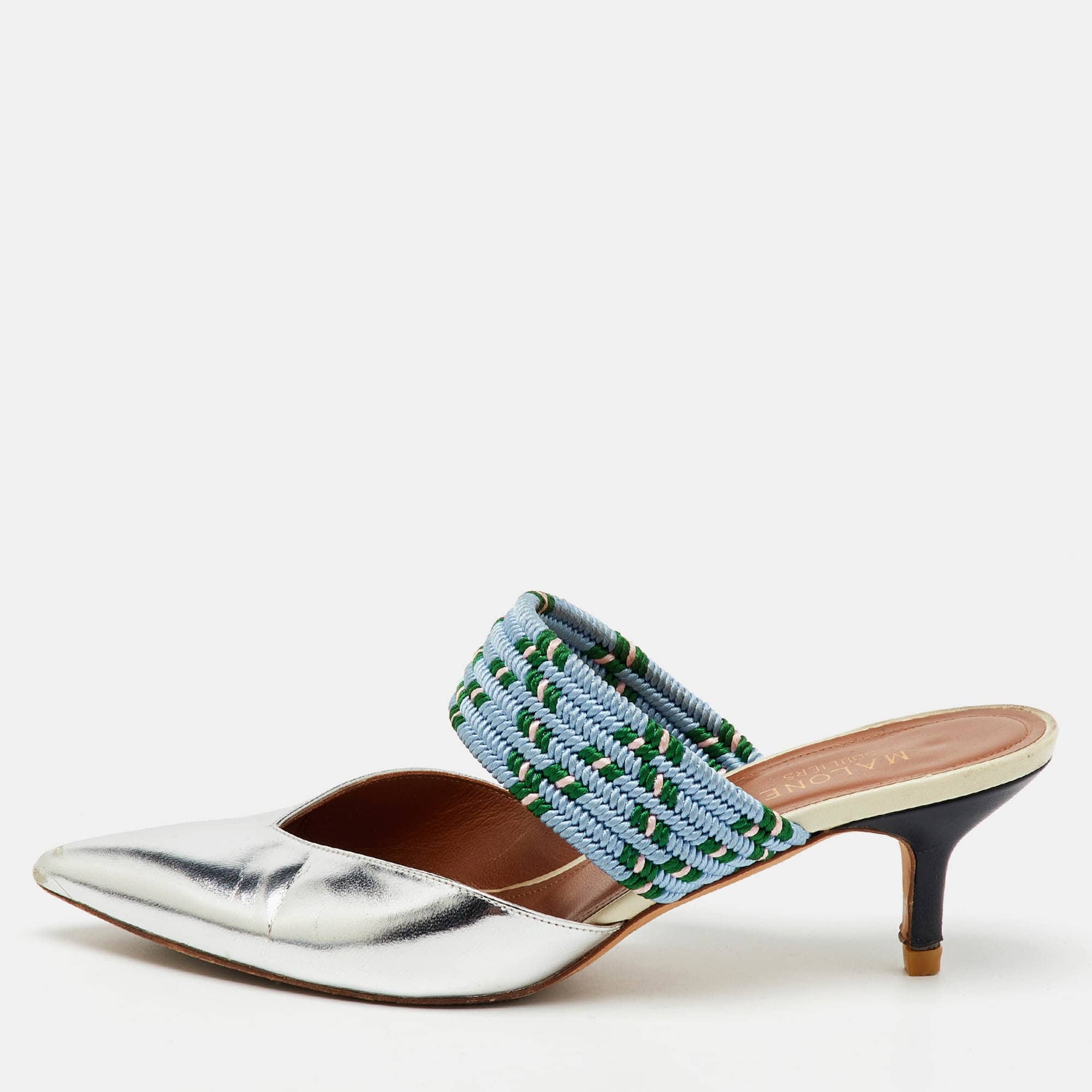 Blue Silver/blue Metallic Leather And Stretch Band Maisie Mules