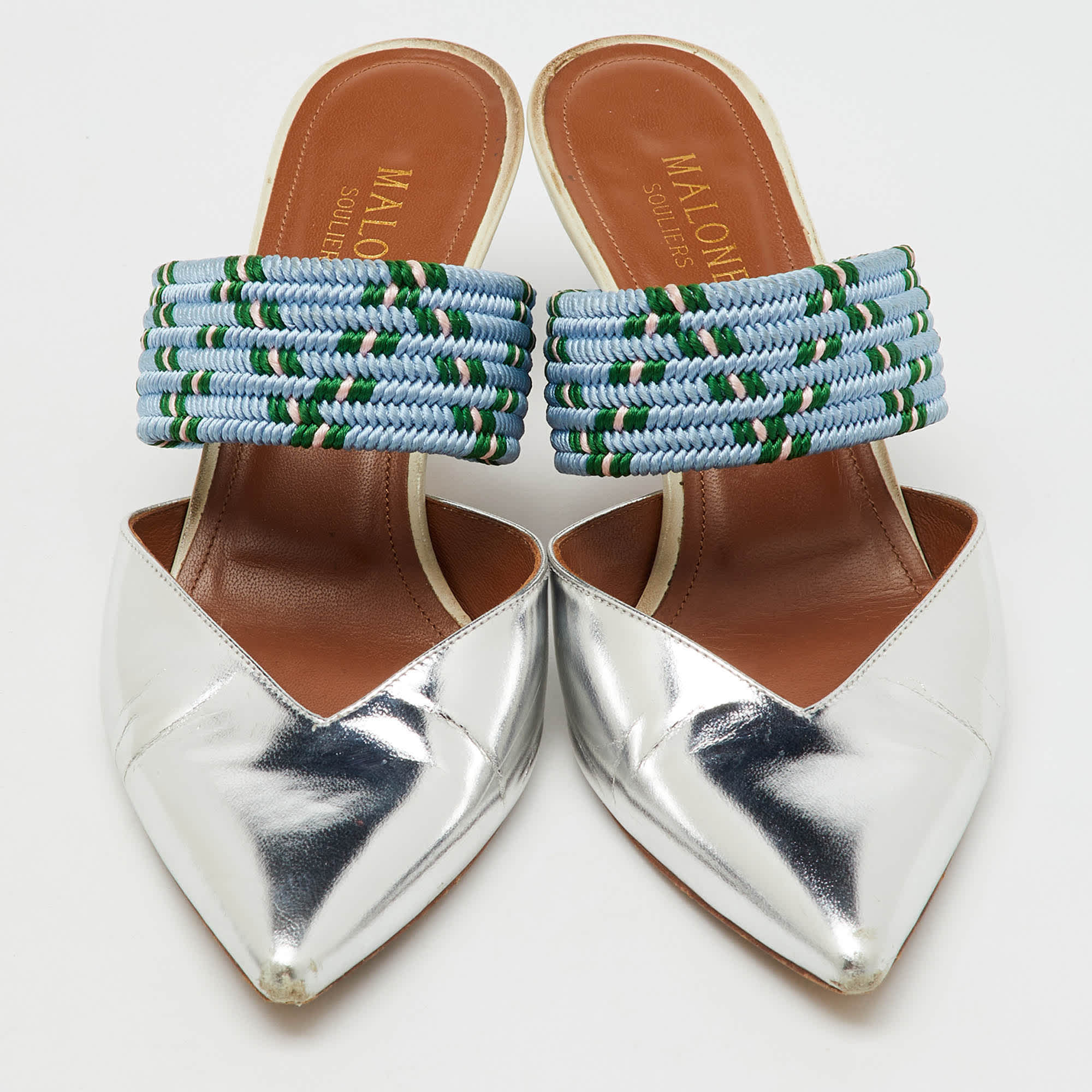Blue Silver/blue Metallic Leather And Stretch Band Maisie Mules