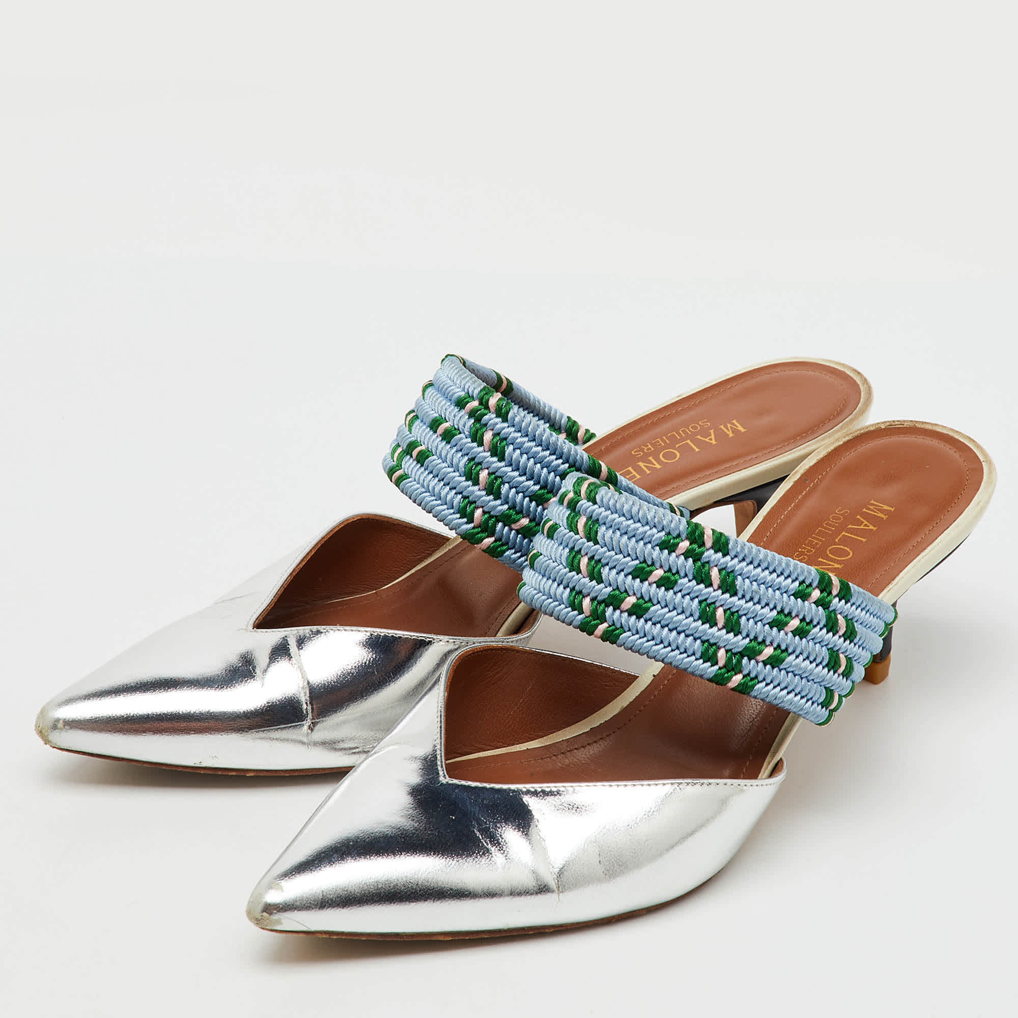 Blue Silver/blue Metallic Leather And Stretch Band Maisie Mules