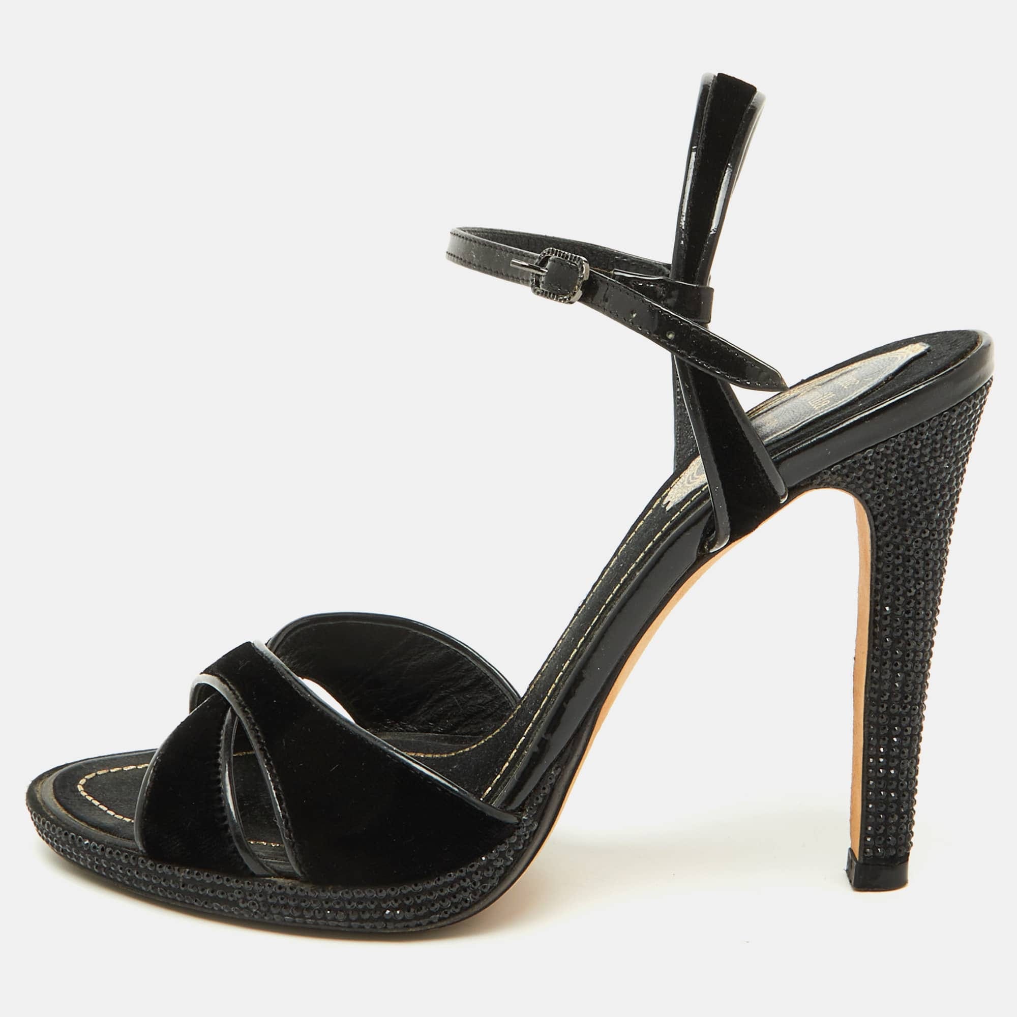 Velvet René Caovilla Black Velvet And Patent Leather Ankle Strap Sandals
