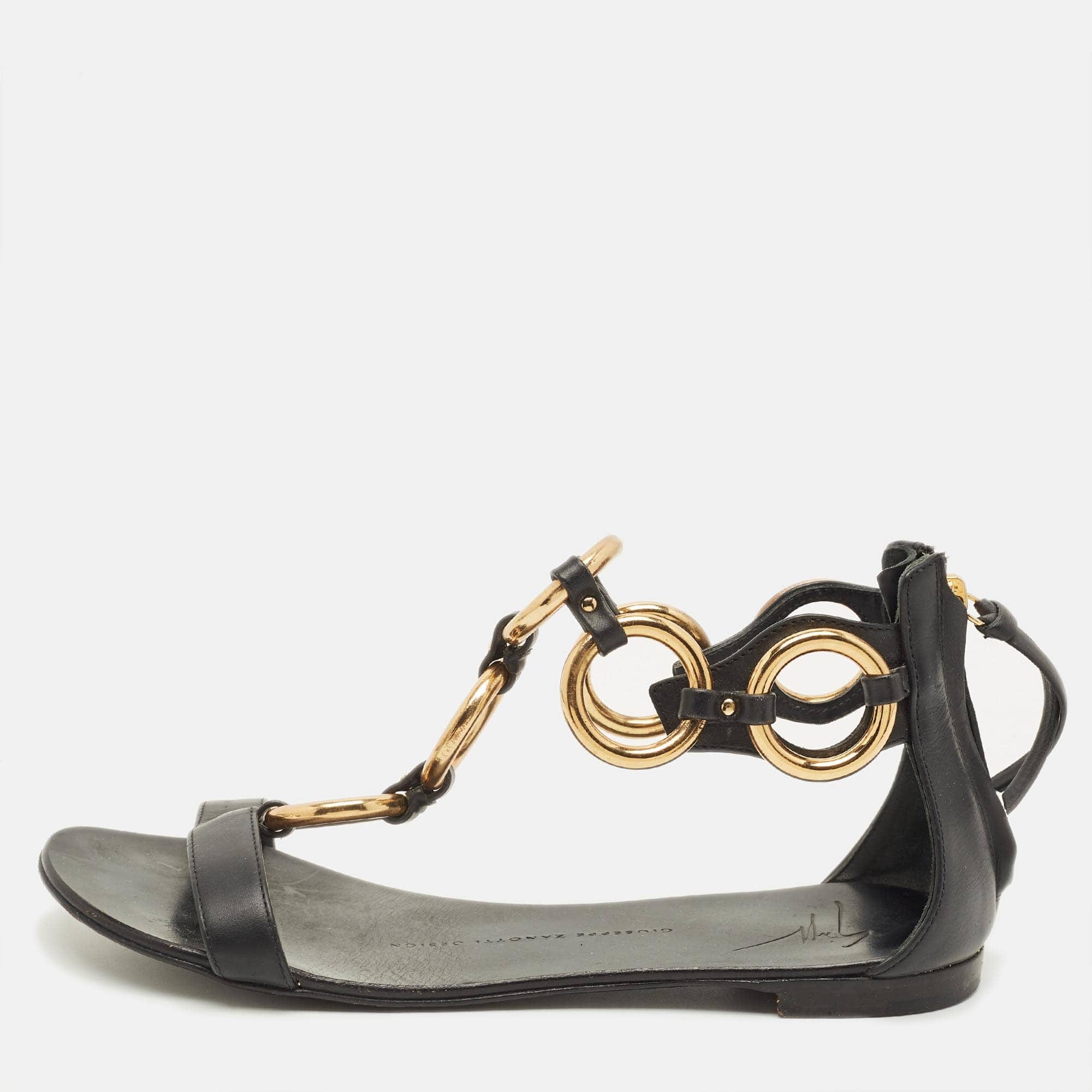 And Size 36 Black Leather And Metal T Strap Flat Sandals