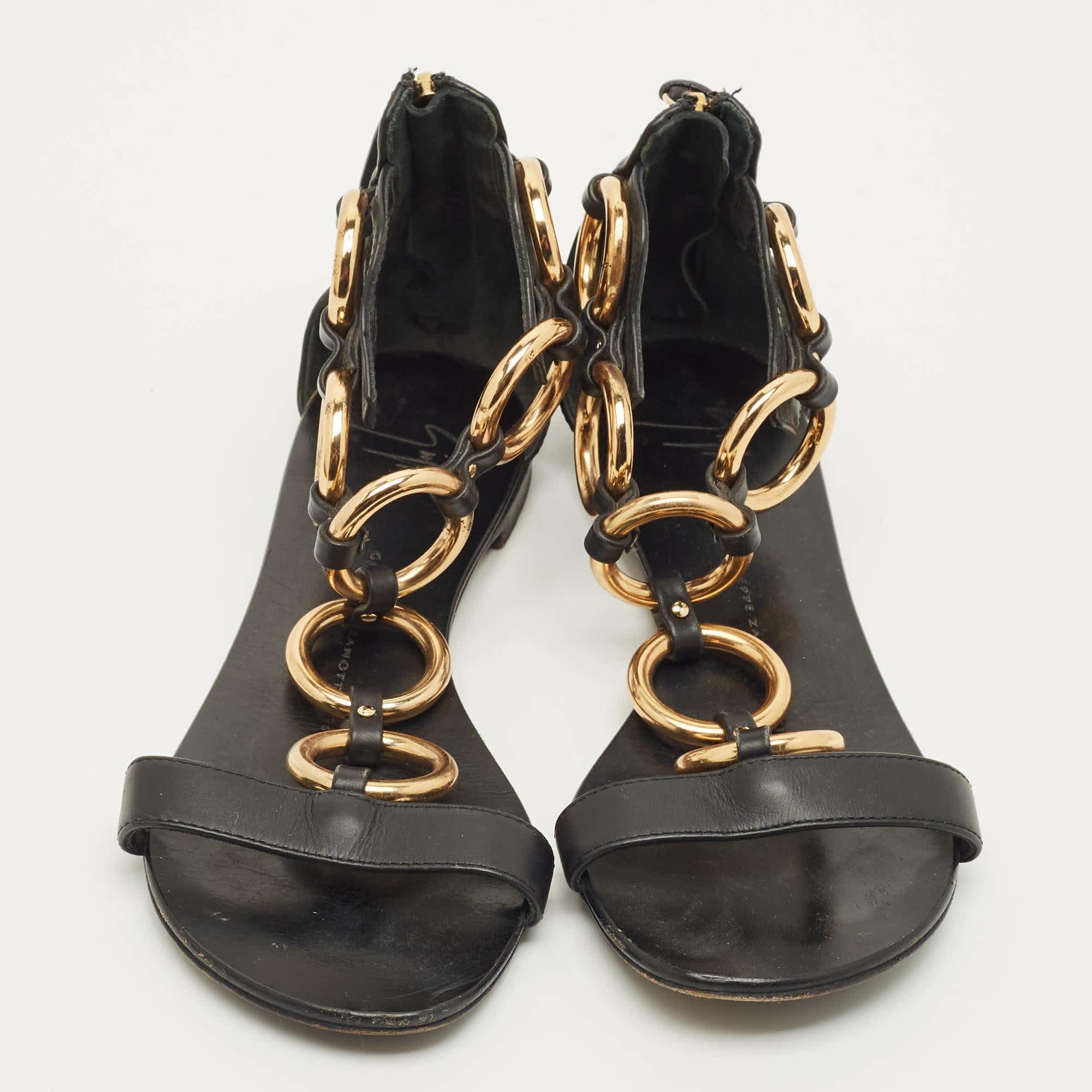 And Size 36 Black Leather And Metal T Strap Flat Sandals