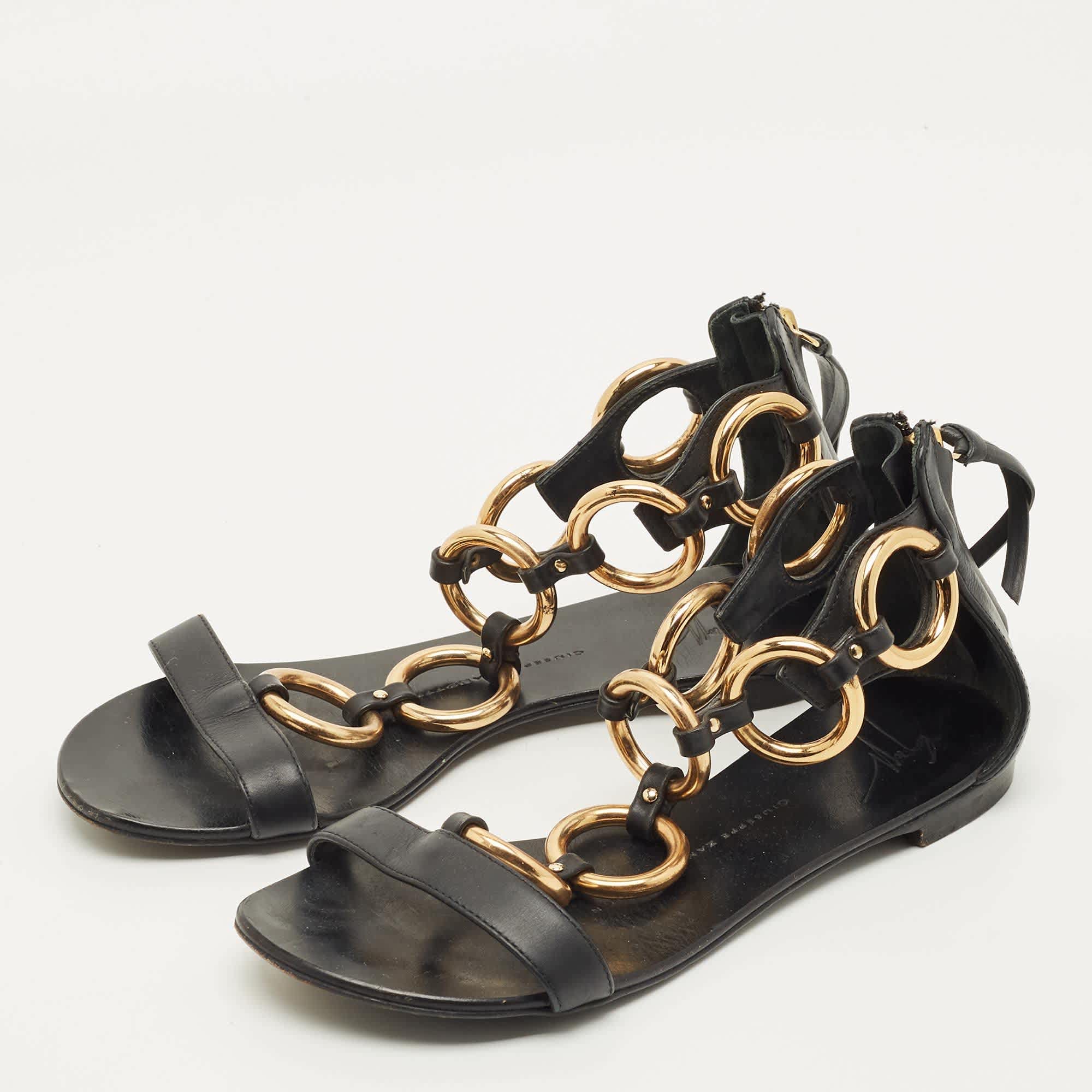 And Size 36 Black Leather And Metal T Strap Flat Sandals