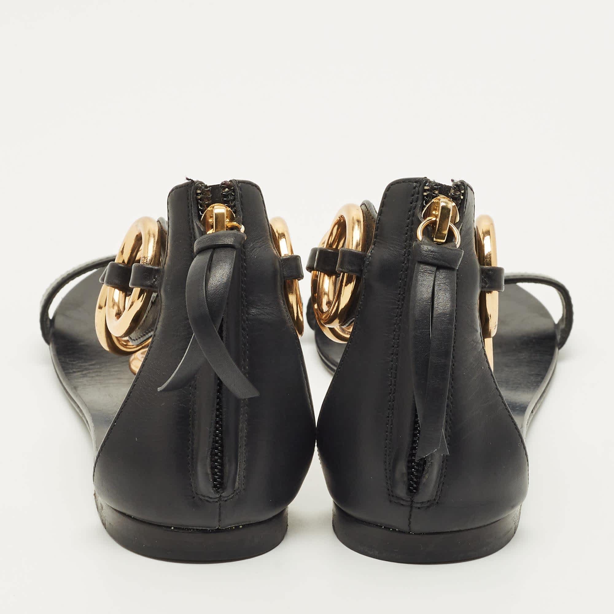 And Size 36 Black Leather And Metal T Strap Flat Sandals