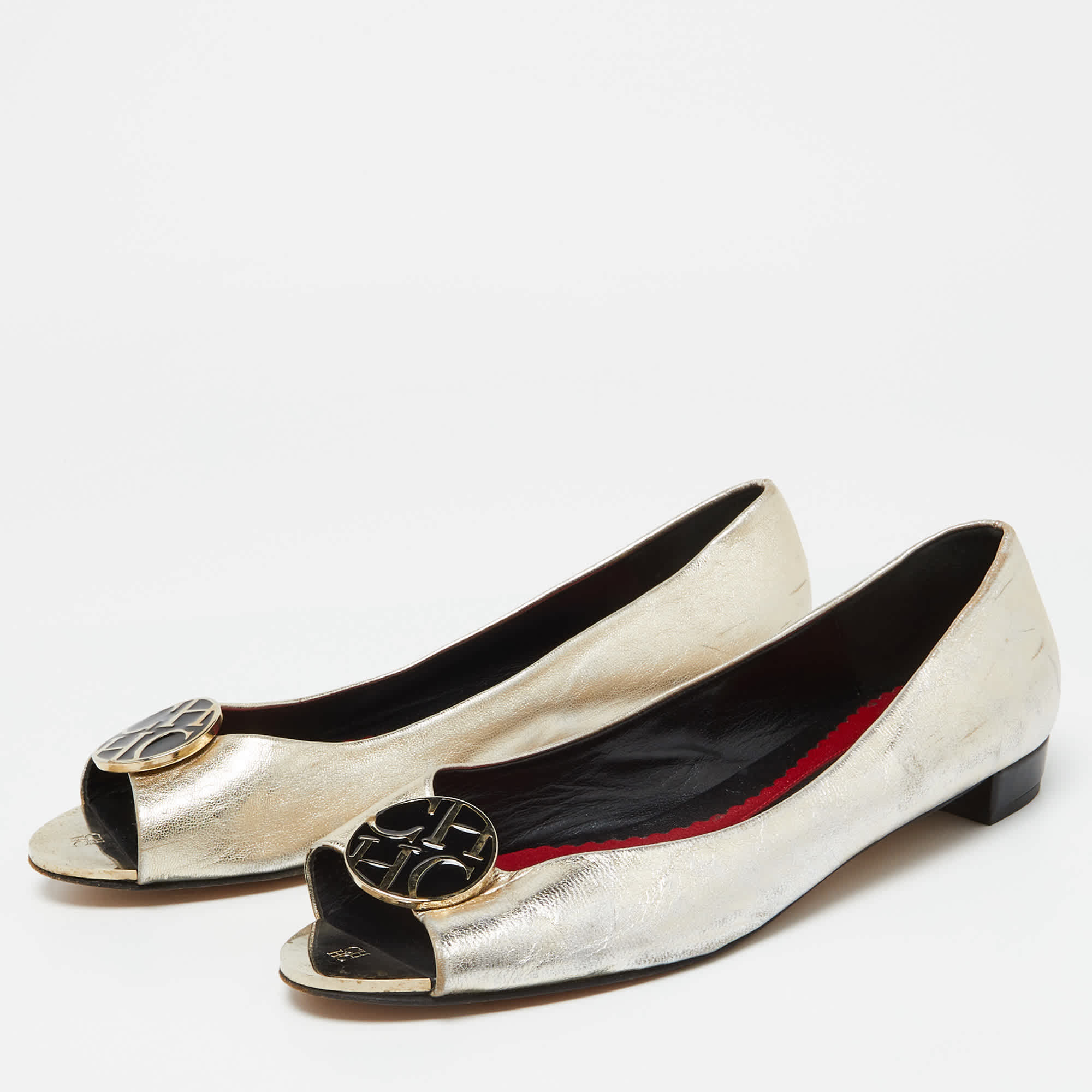 Ch Carolina Herrera Gold Leather Logo Peep - Toe Ballet Flats