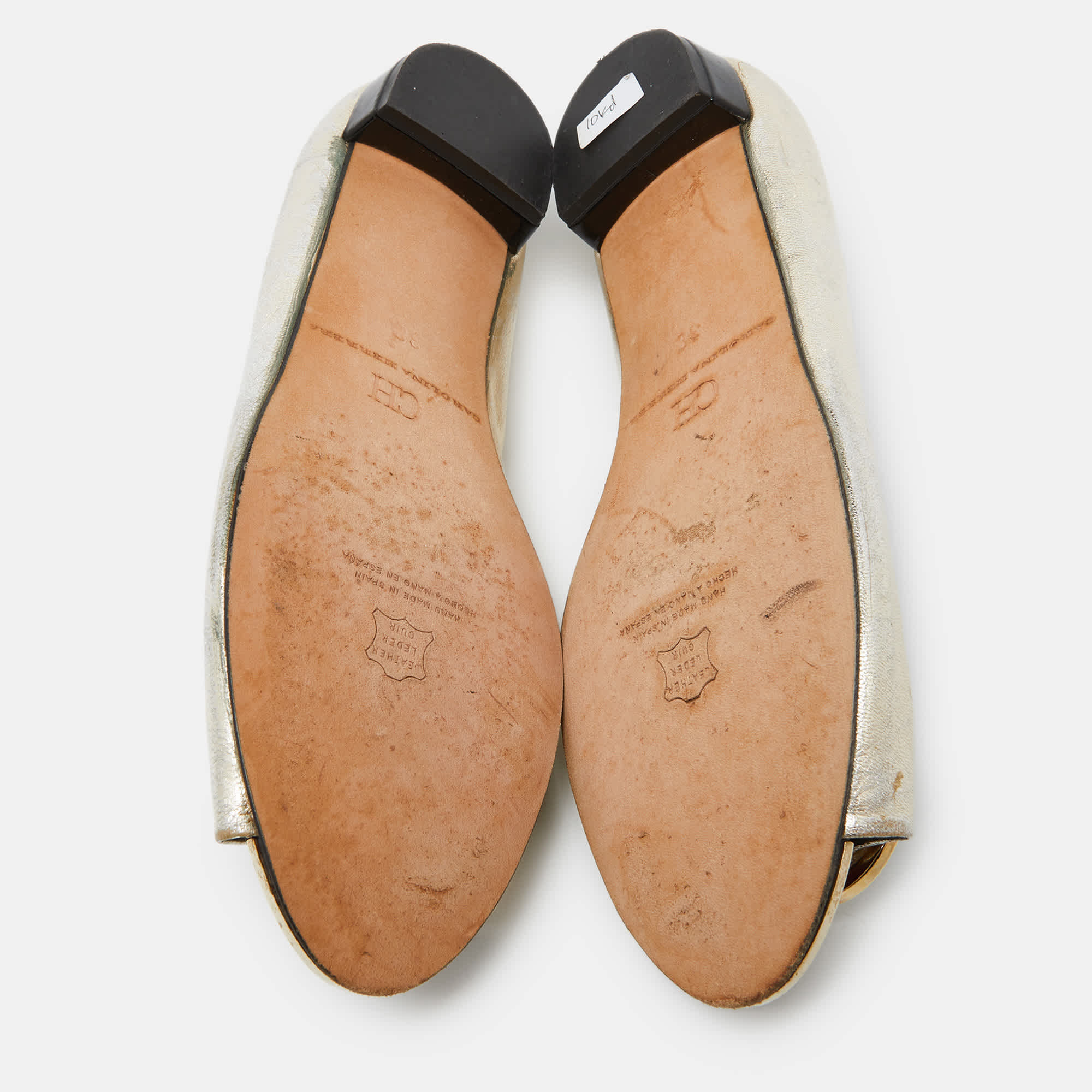 Ch Carolina Herrera Gold Leather Logo Peep - Toe Ballet Flats