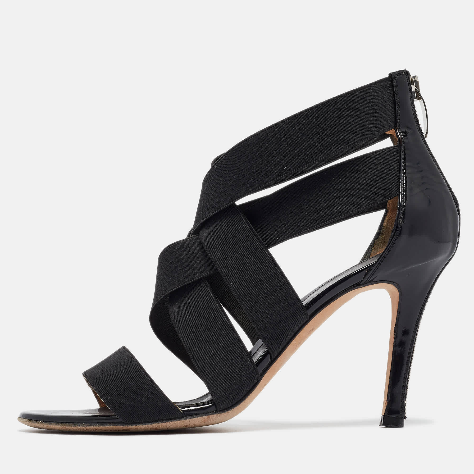And Size 36.5 Black Fabric And Patent Leather Ankle Strap Sandals