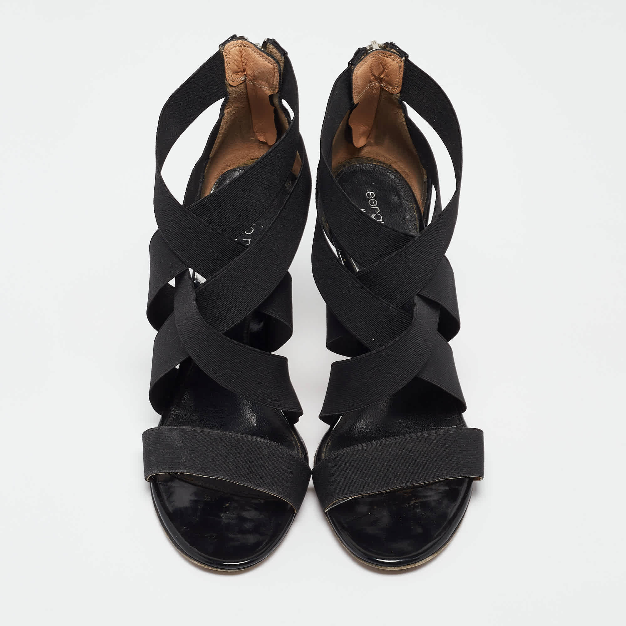 And Size 36.5 Black Fabric And Patent Leather Ankle Strap Sandals