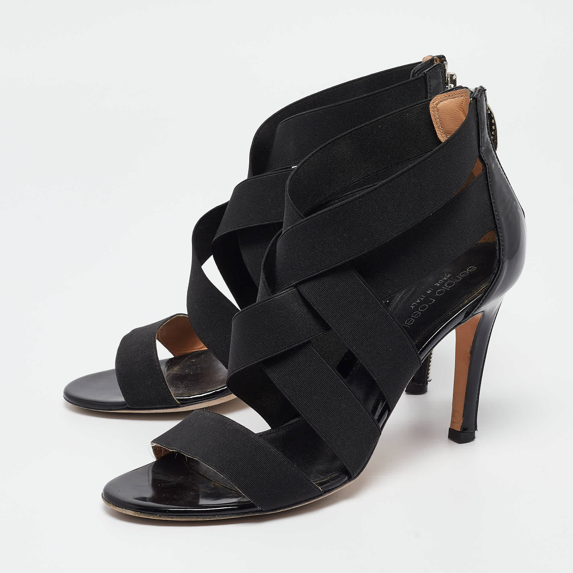 And Size 36.5 Black Fabric And Patent Leather Ankle Strap Sandals