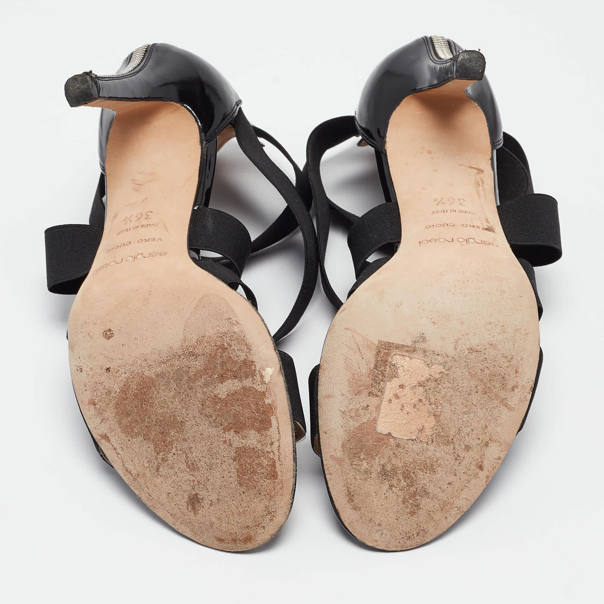And Size 36.5 Black Fabric And Patent Leather Ankle Strap Sandals