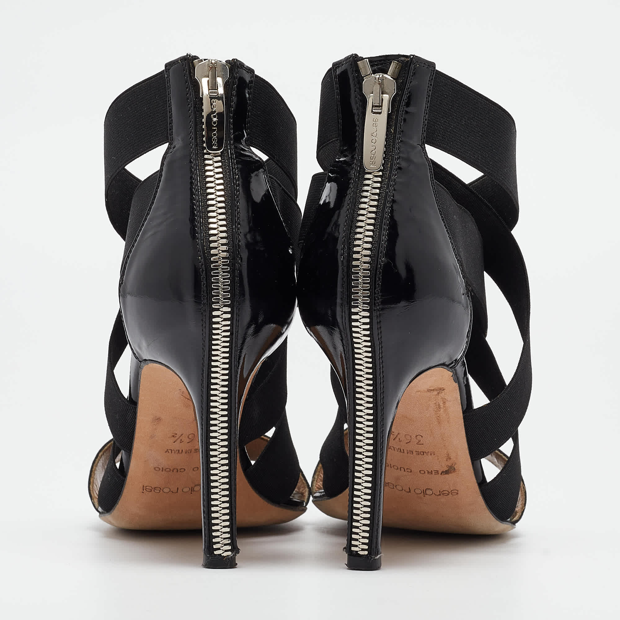 And Size 36.5 Black Fabric And Patent Leather Ankle Strap Sandals