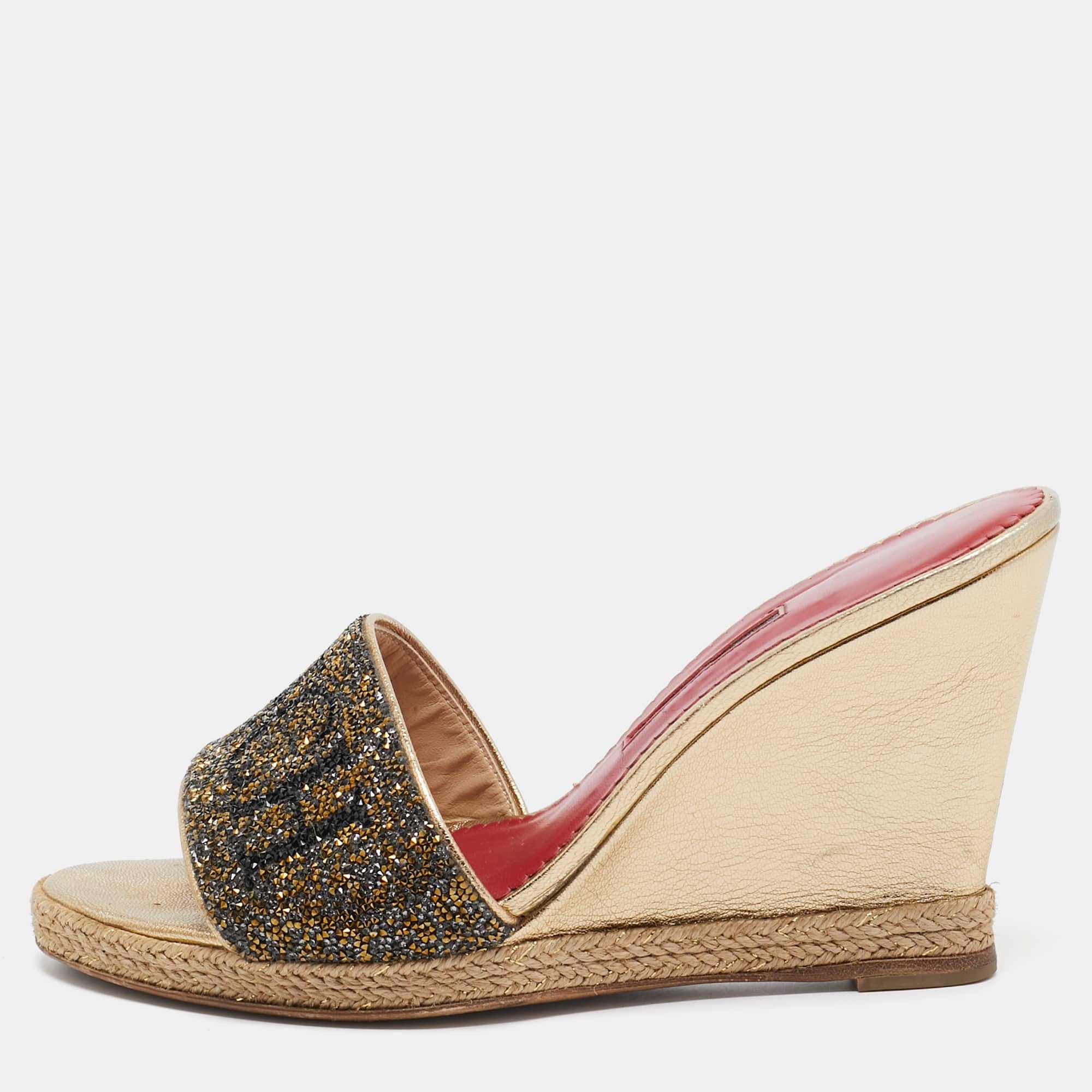 Ch Carolina Herrera Metallic Glitter And Leather Wedge Espadrille Slide Sandals