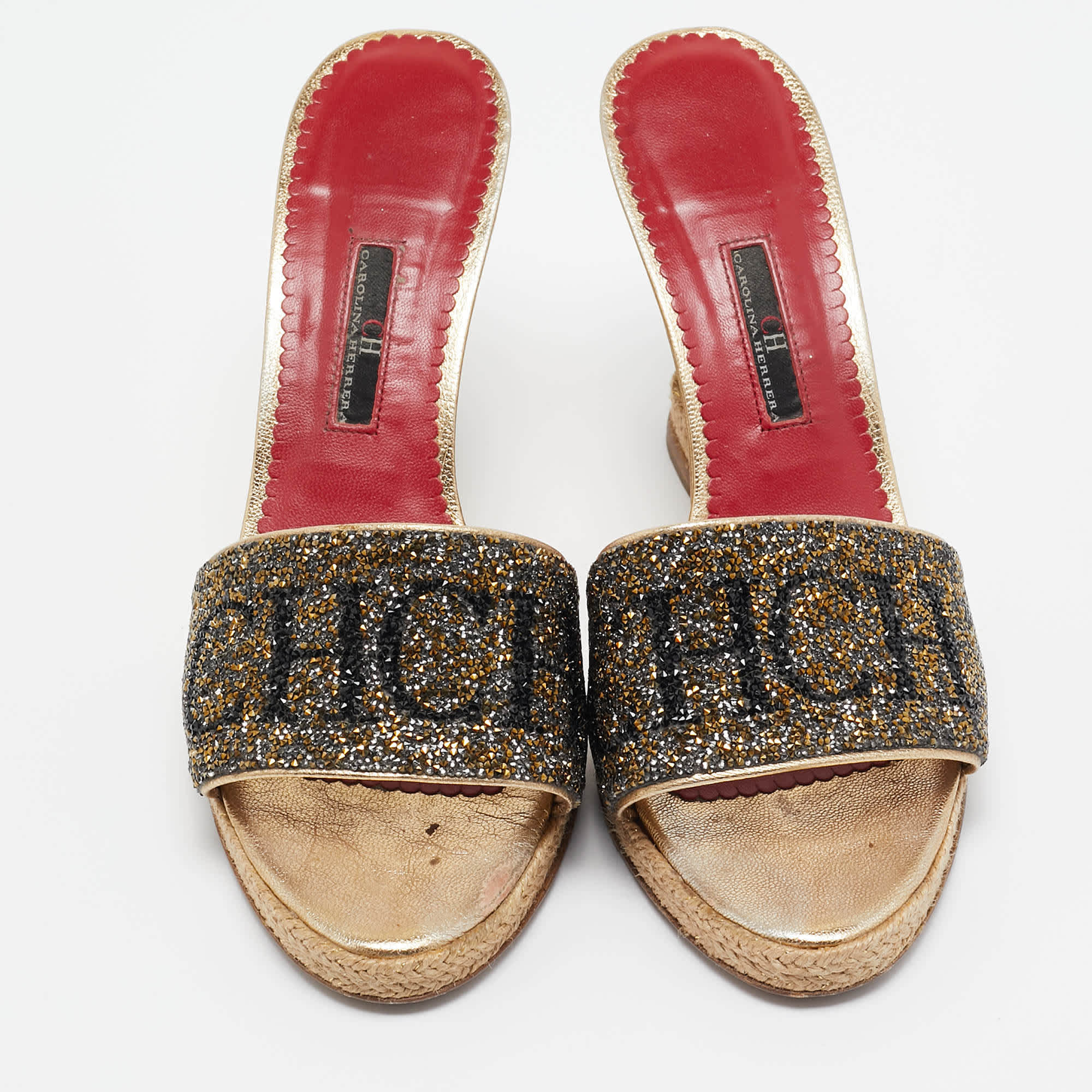 Ch Carolina Herrera Metallic Glitter And Leather Wedge Espadrille Slide Sandals