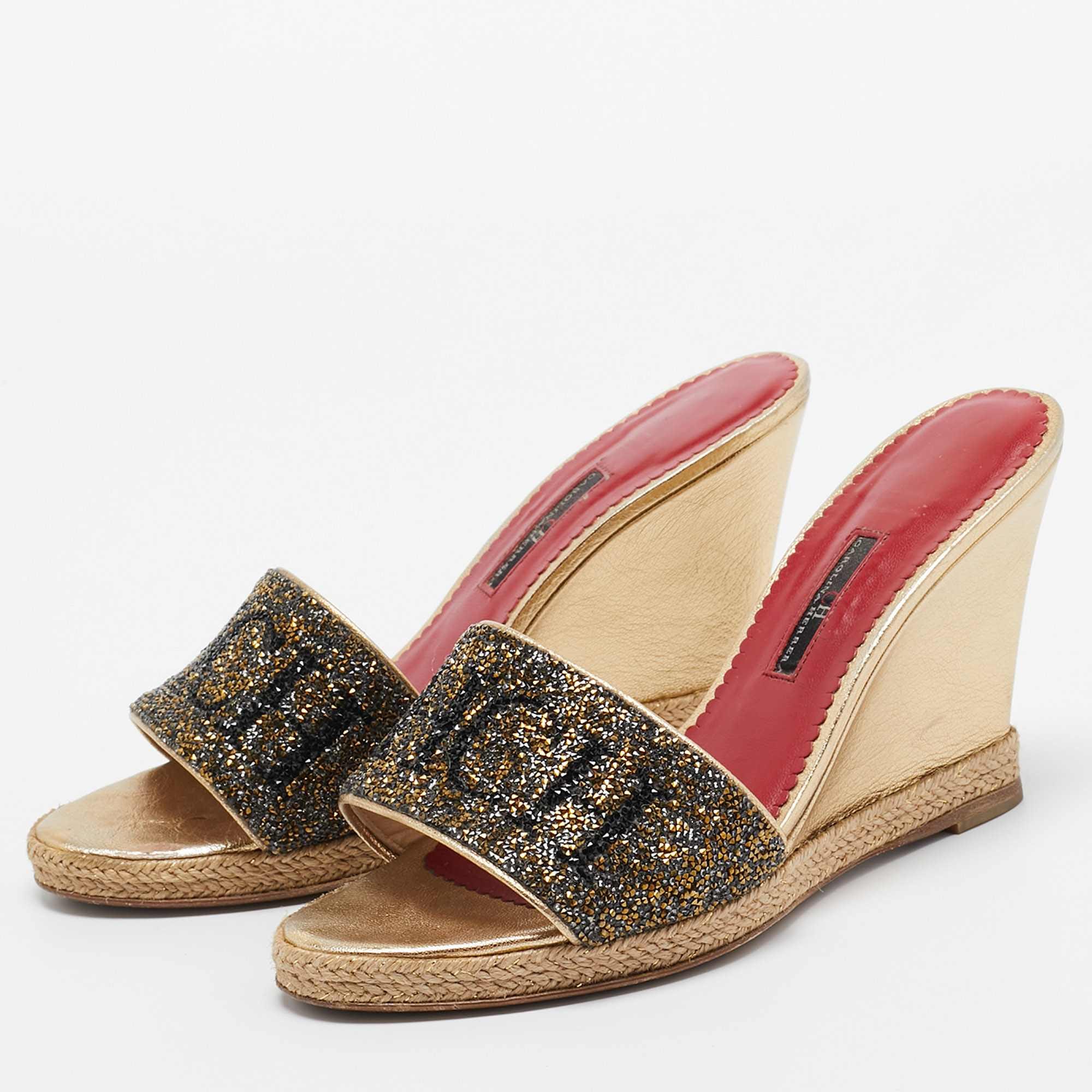Ch Carolina Herrera Metallic Glitter And Leather Wedge Espadrille Slide Sandals