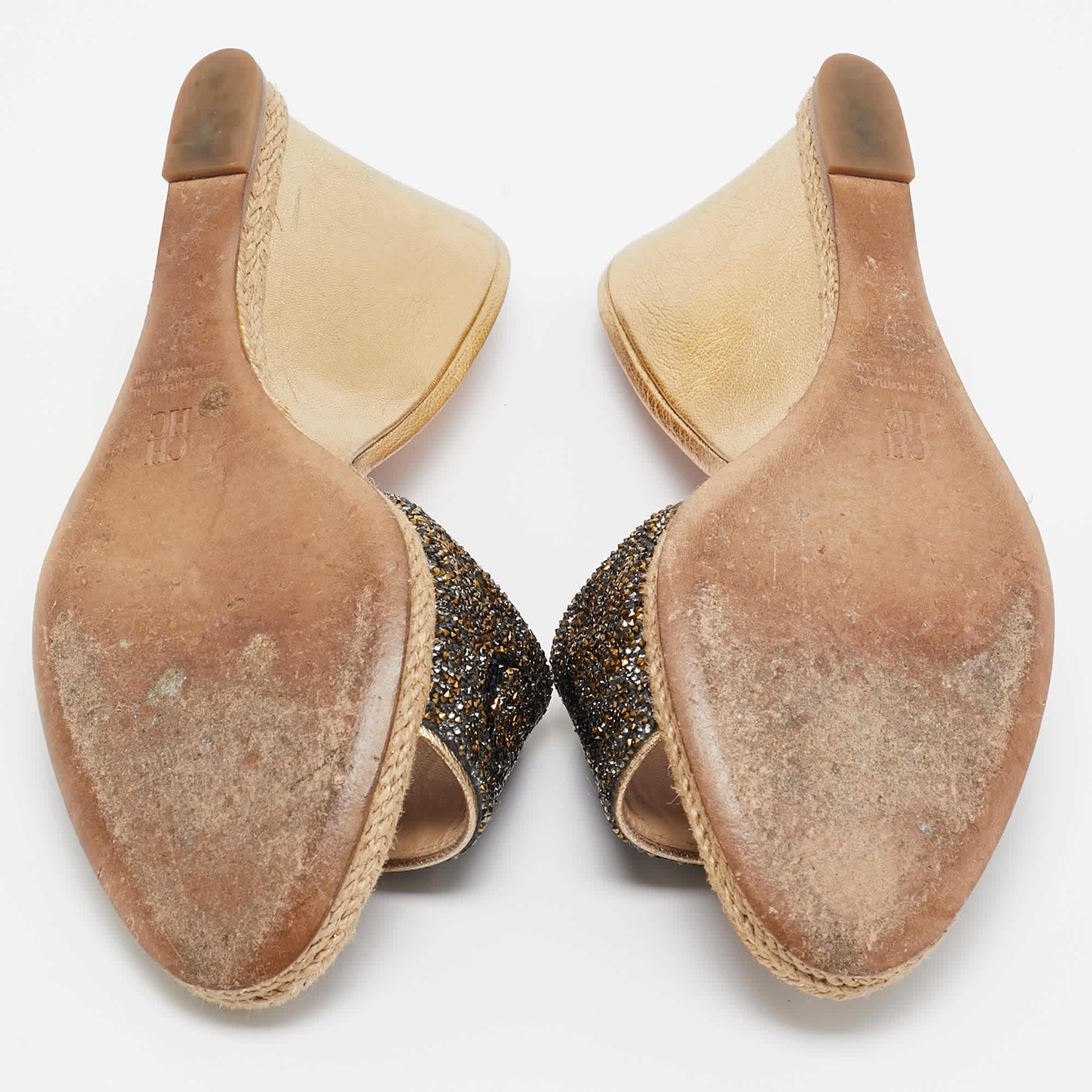 Ch Carolina Herrera Metallic Glitter And Leather Wedge Espadrille Slide Sandals