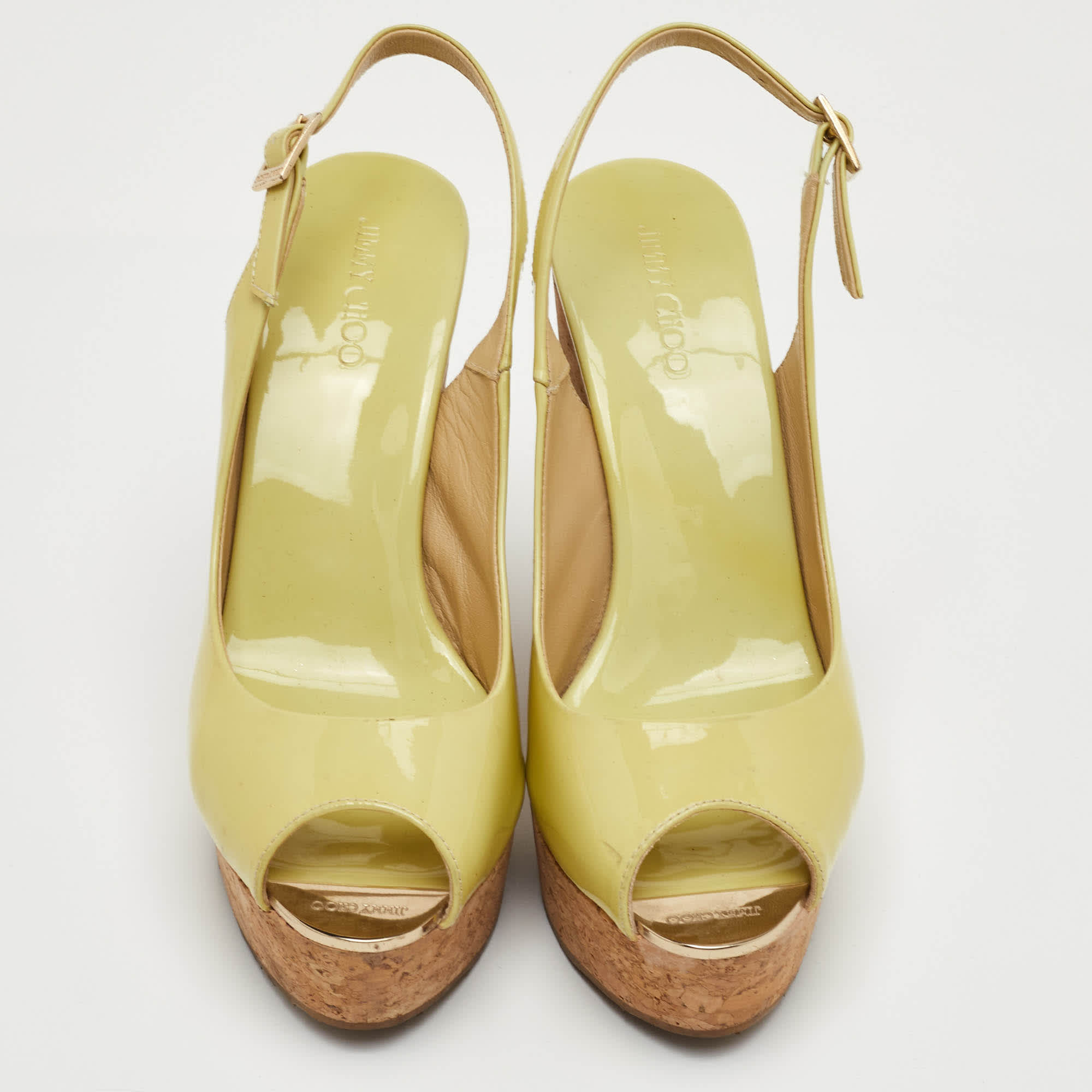 Yellow Praise Cork&nbsp;size 39 Yellow Patent Leather Platform Slingback Wedge Sandals