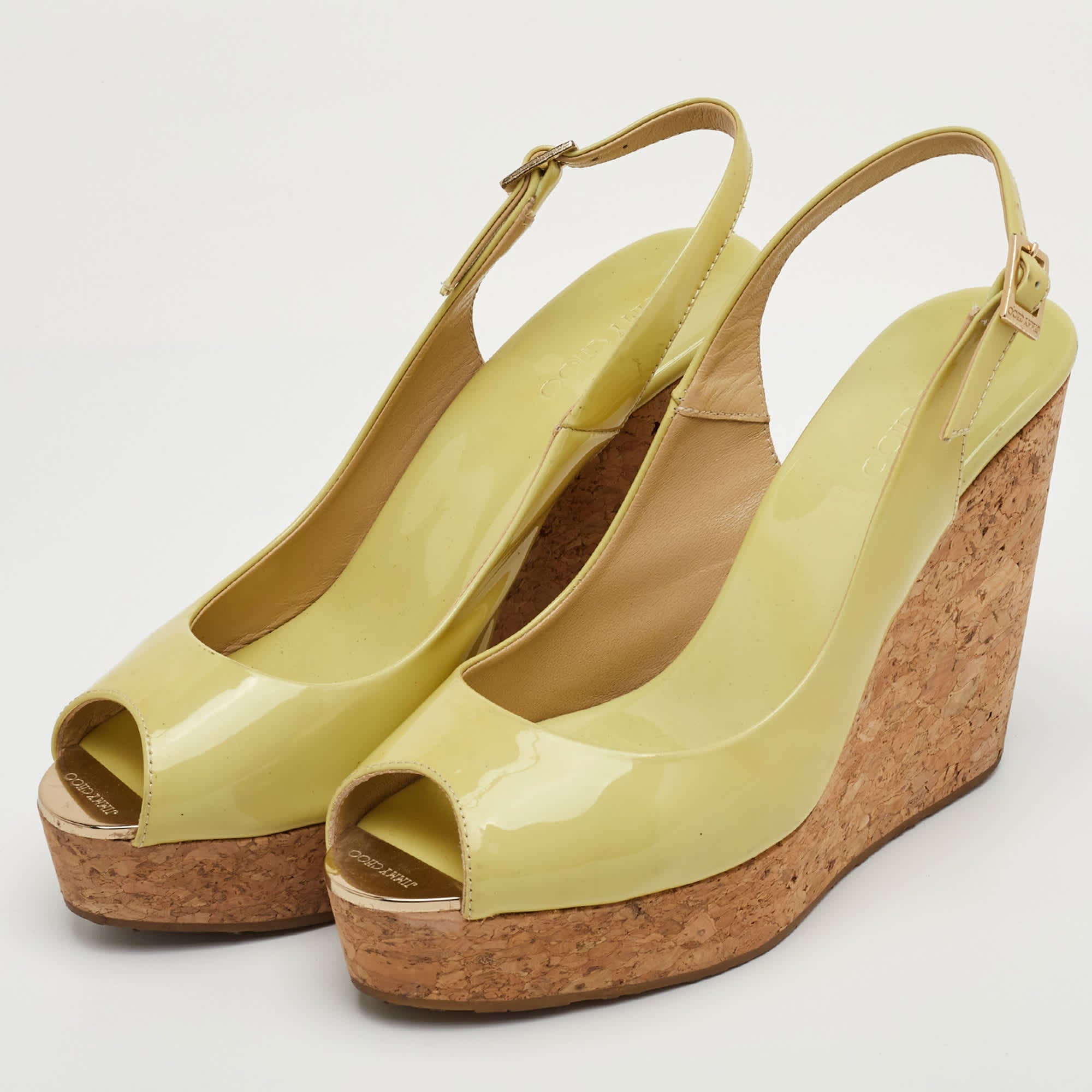 Yellow Praise Cork&nbsp;size 39 Yellow Patent Leather Platform Slingback Wedge Sandals