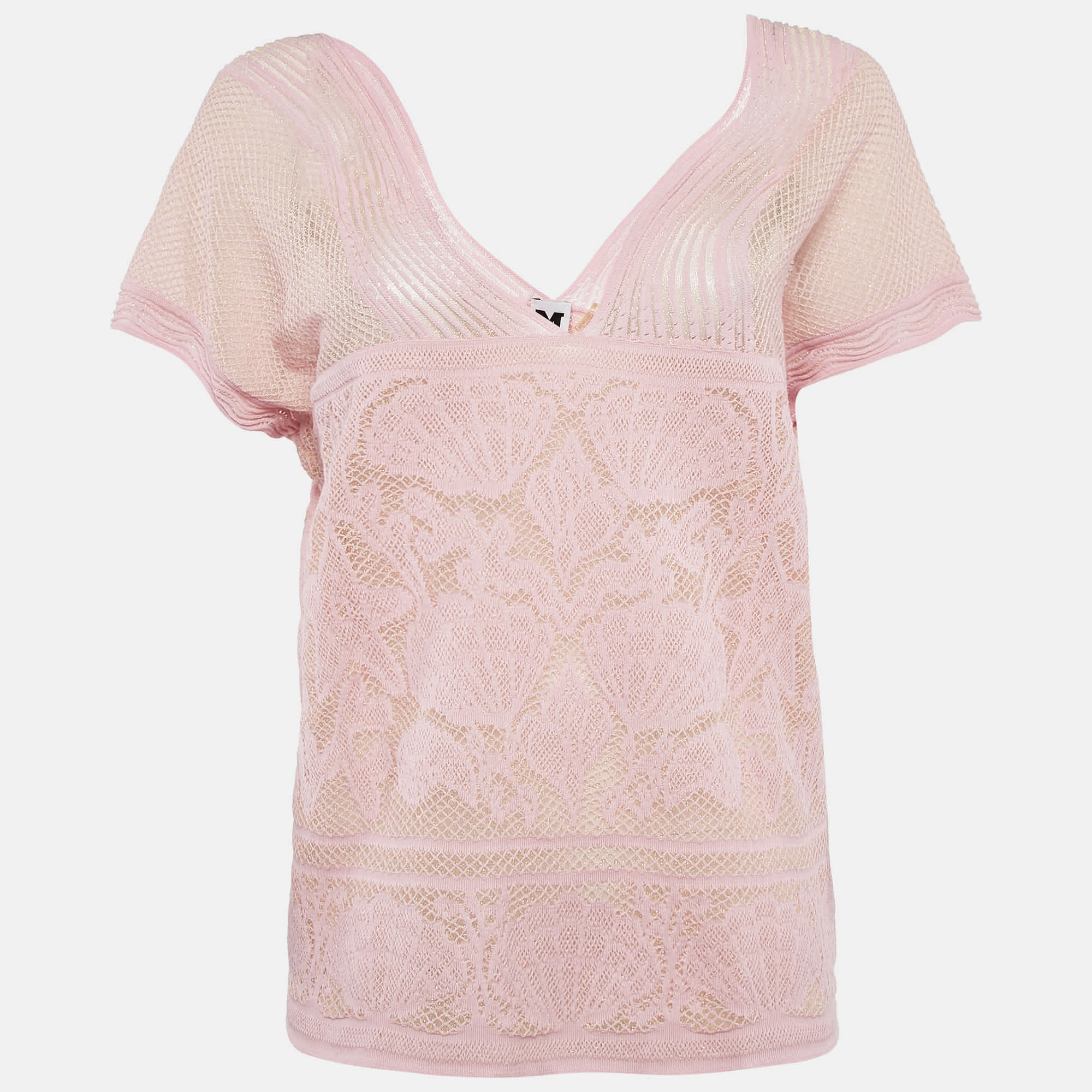 M Missoni Pink Seashell Pattern Lurex Knit V - Neck Top