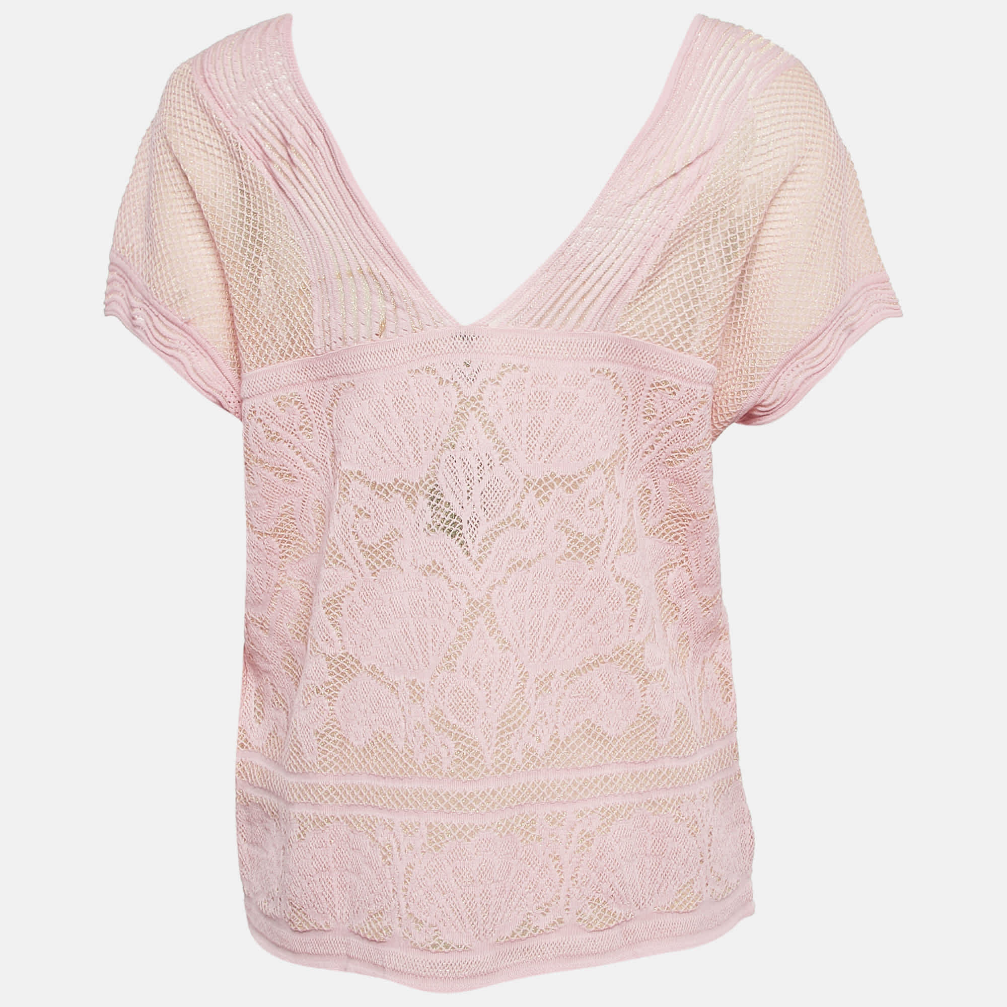 M Missoni Pink Seashell Pattern Lurex Knit V - Neck Top