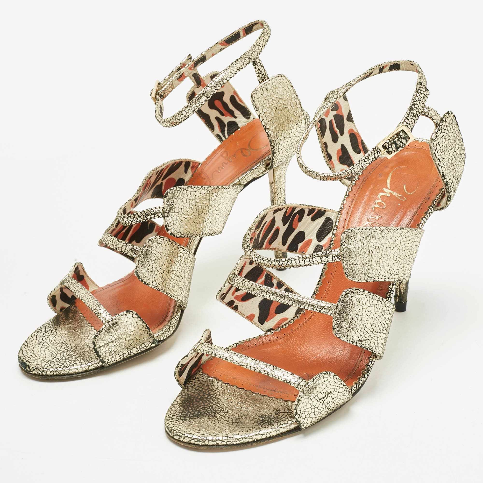 Charlotte Olympia Gold Texture Leather Ankle Strap Sandals