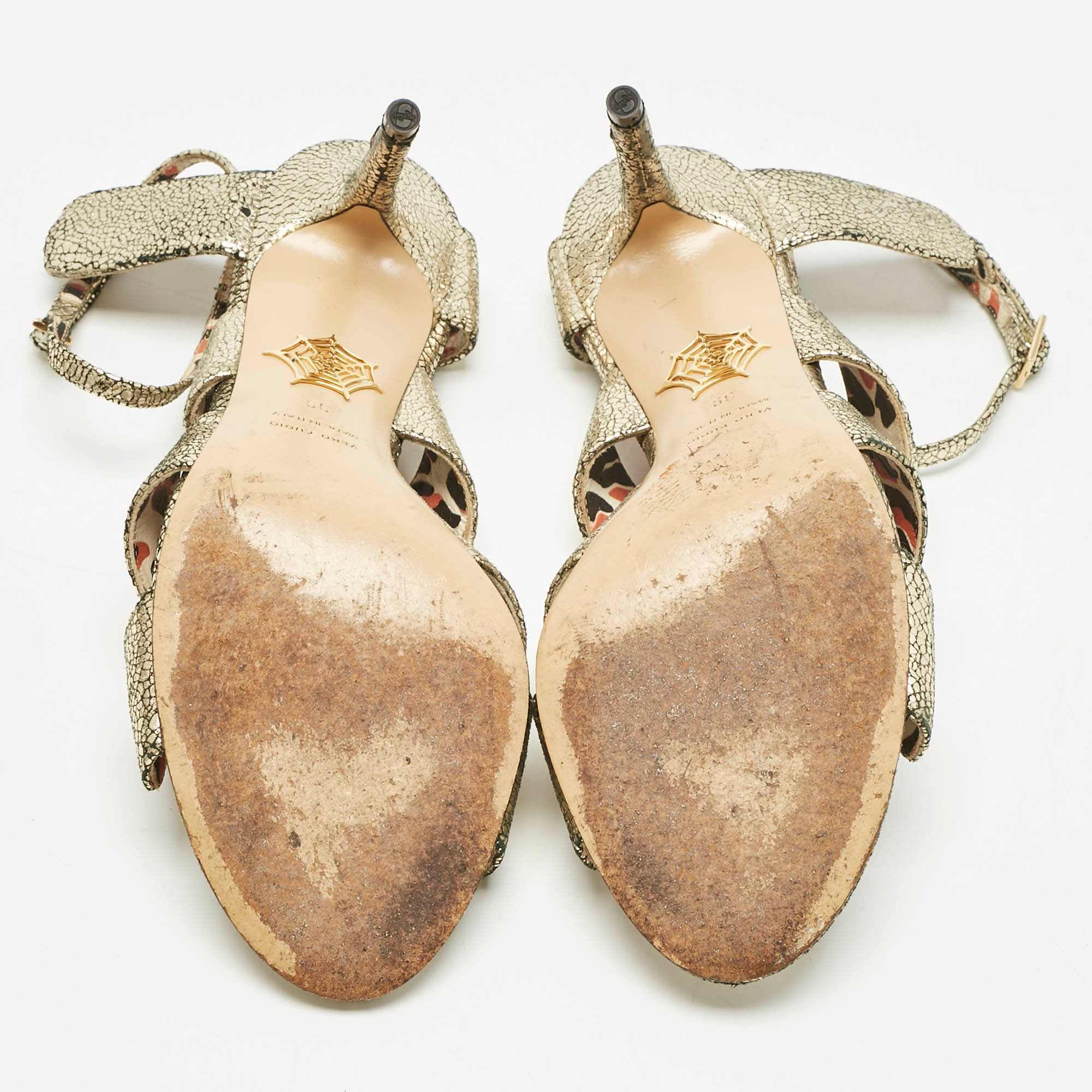 Charlotte Olympia Gold Texture Leather Ankle Strap Sandals