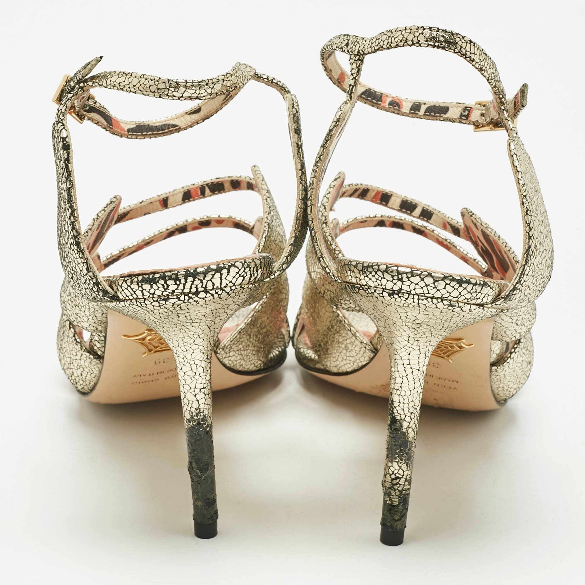 Charlotte Olympia Gold Texture Leather Ankle Strap Sandals