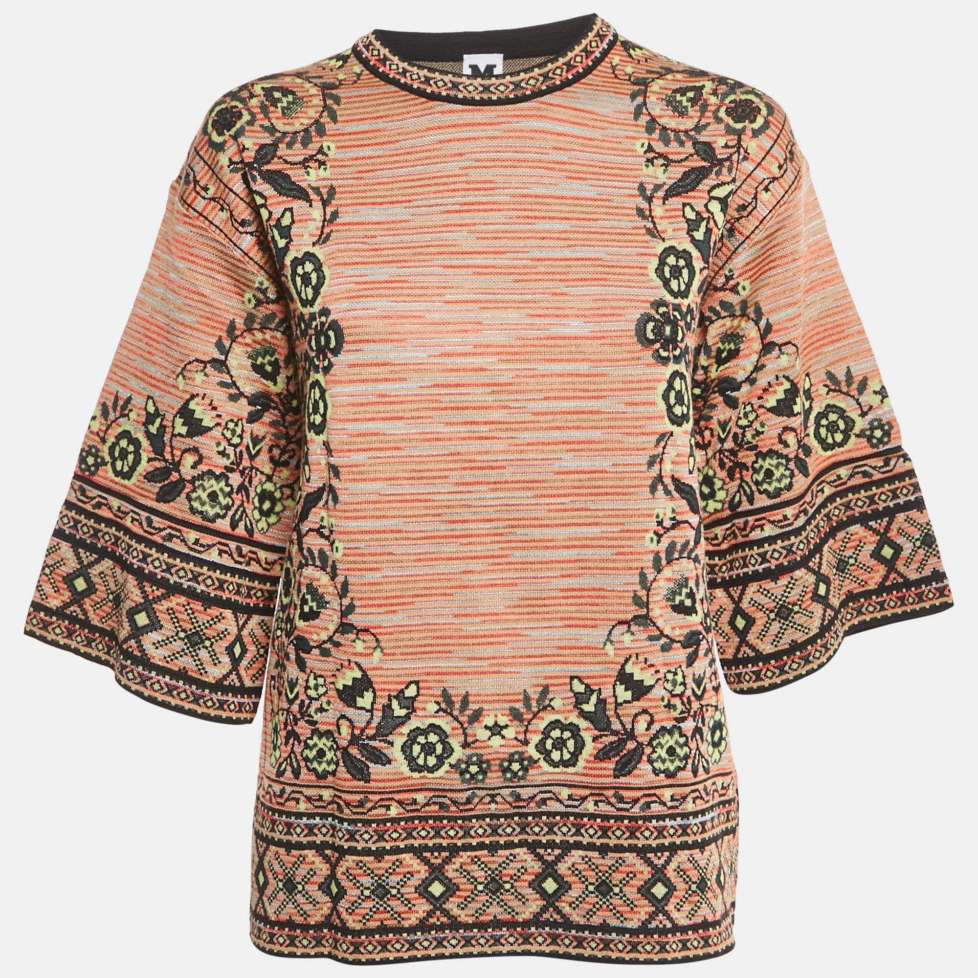M Missoni Beige/black Floral Pattern Knit Top