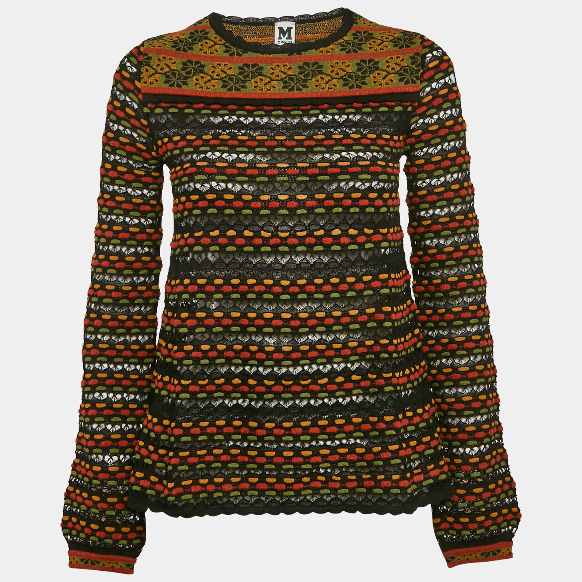 M Missoni Black/orange Pointelle Knit Long Sleeve Knit Top