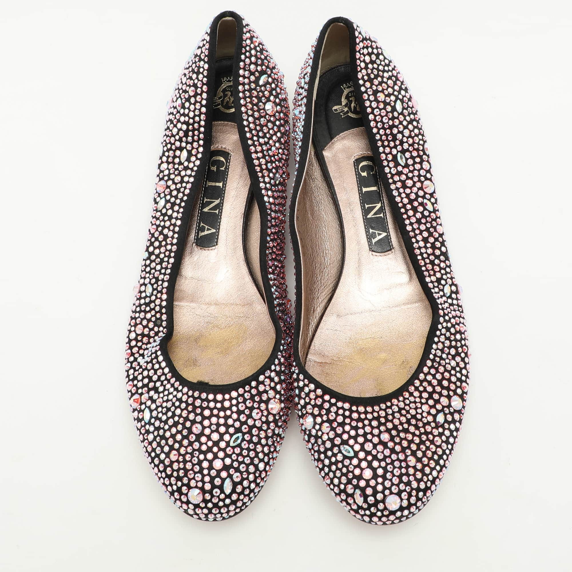 Gina Black Satin Crystal Embellished Ballet Flats