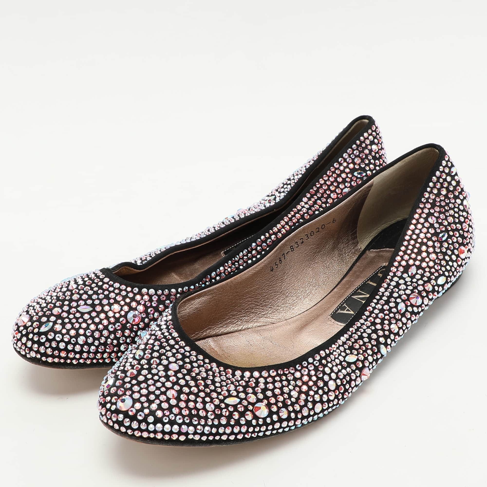 Gina Black Satin Crystal Embellished Ballet Flats