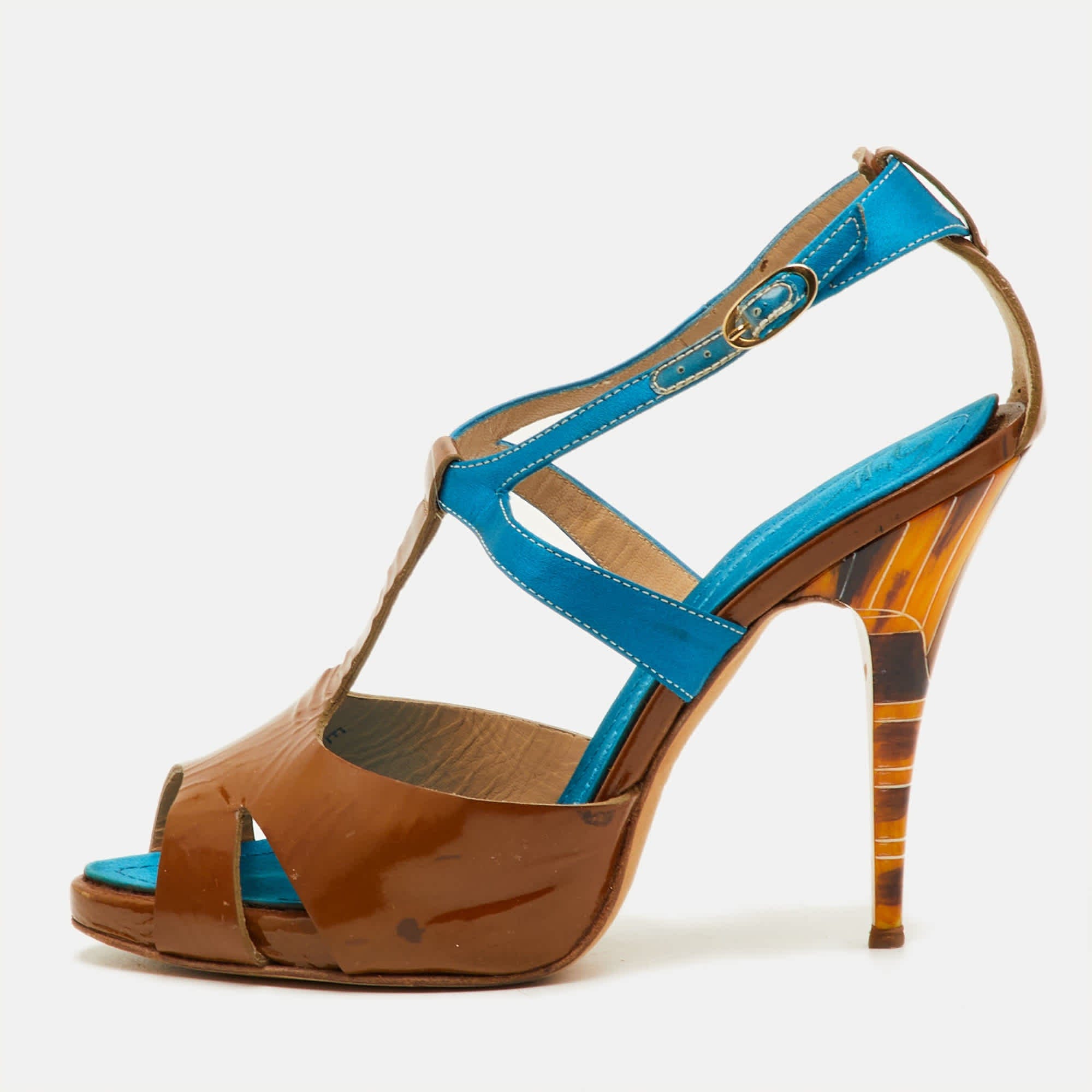 Blue Size 37.5 Brown/blue Patent Leather And Satin T - Strap Sandals