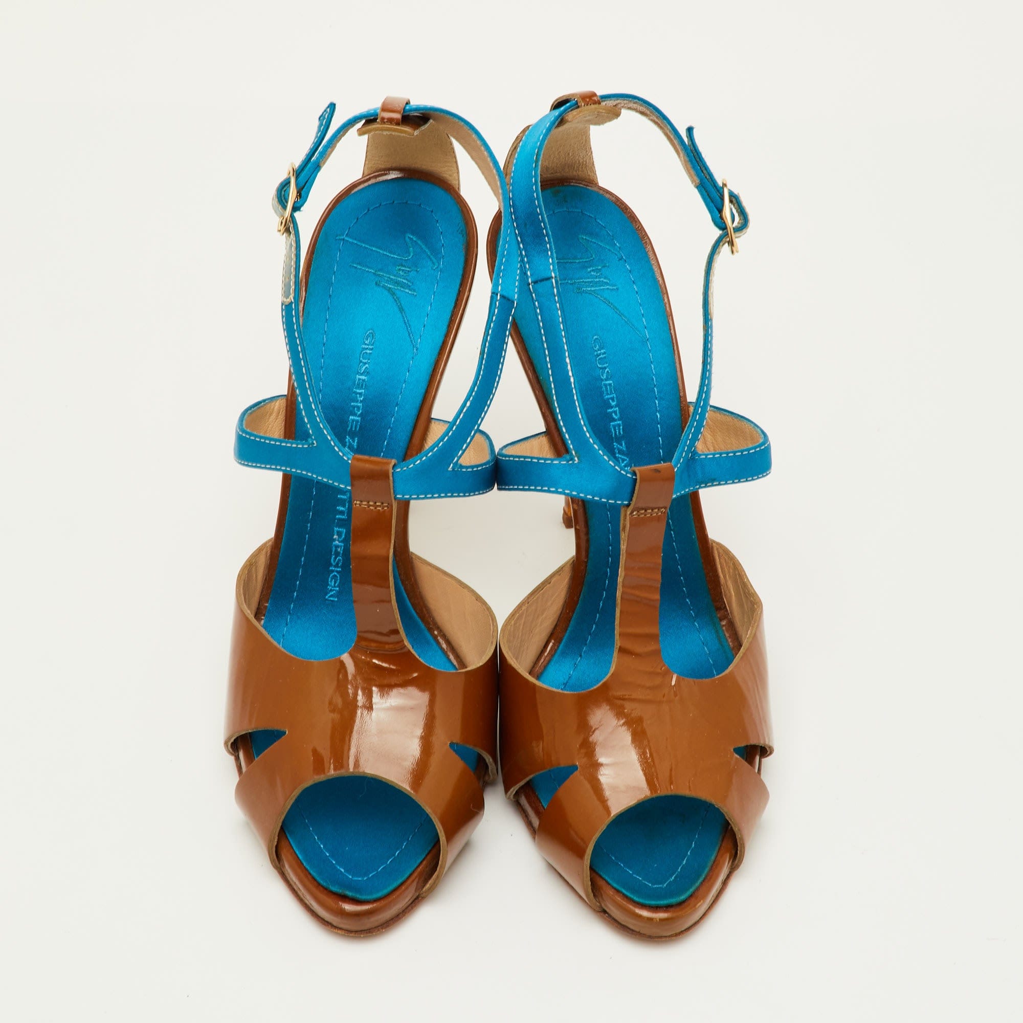 Blue Size 37.5 Brown/blue Patent Leather And Satin T - Strap Sandals