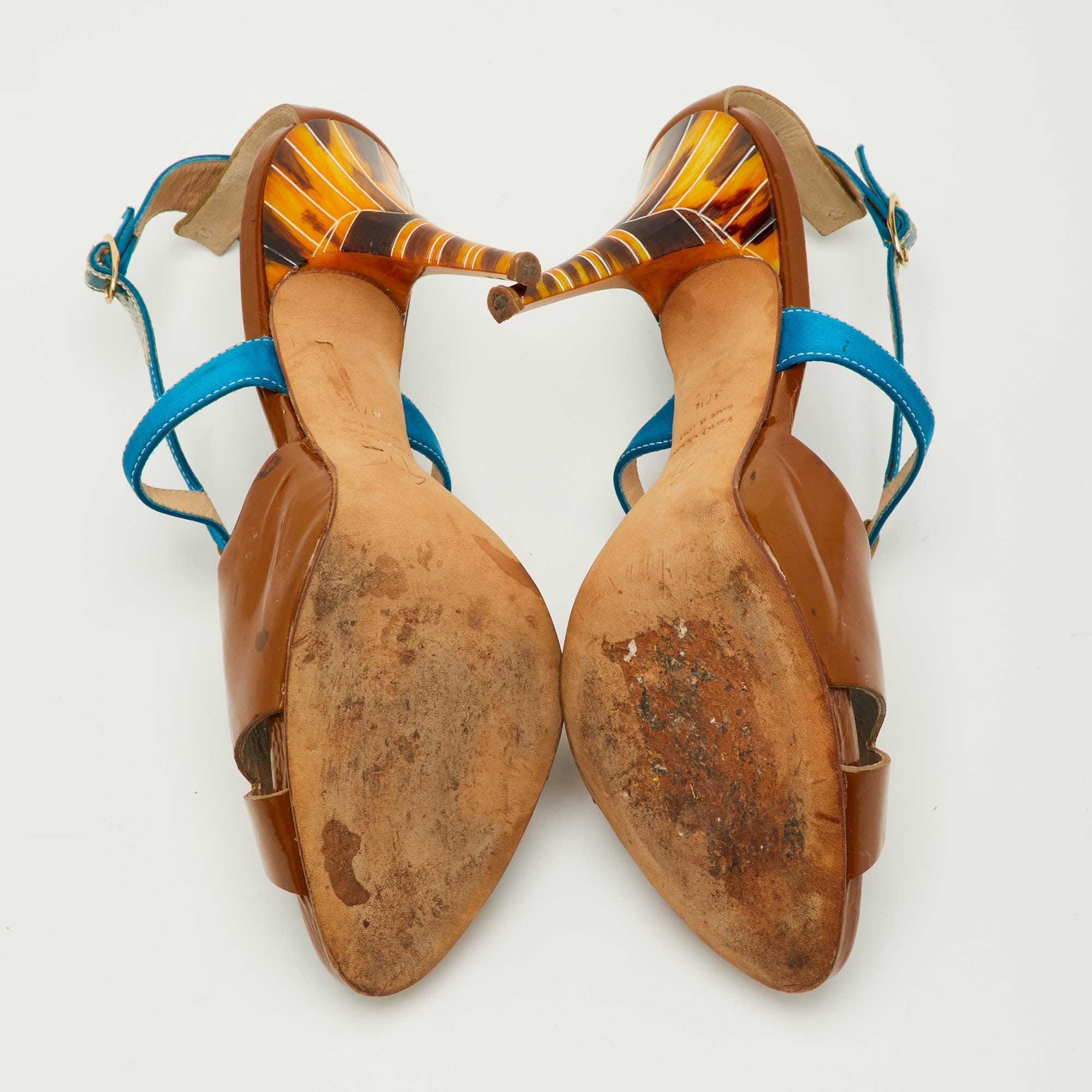 Blue Size 37.5 Brown/blue Patent Leather And Satin T - Strap Sandals
